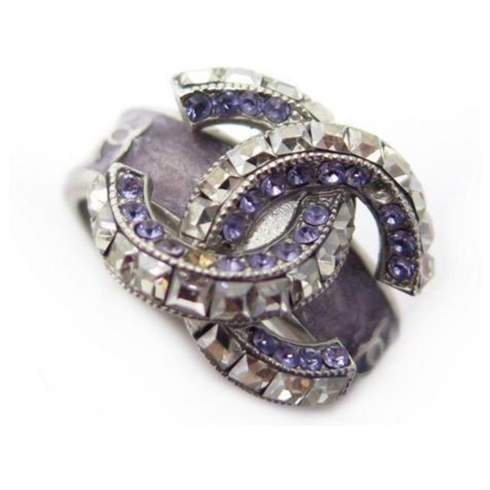 NEW CHANEL CC LOGO RING & PURPLE STRASS SIZE 54 SILVER METAL NEW