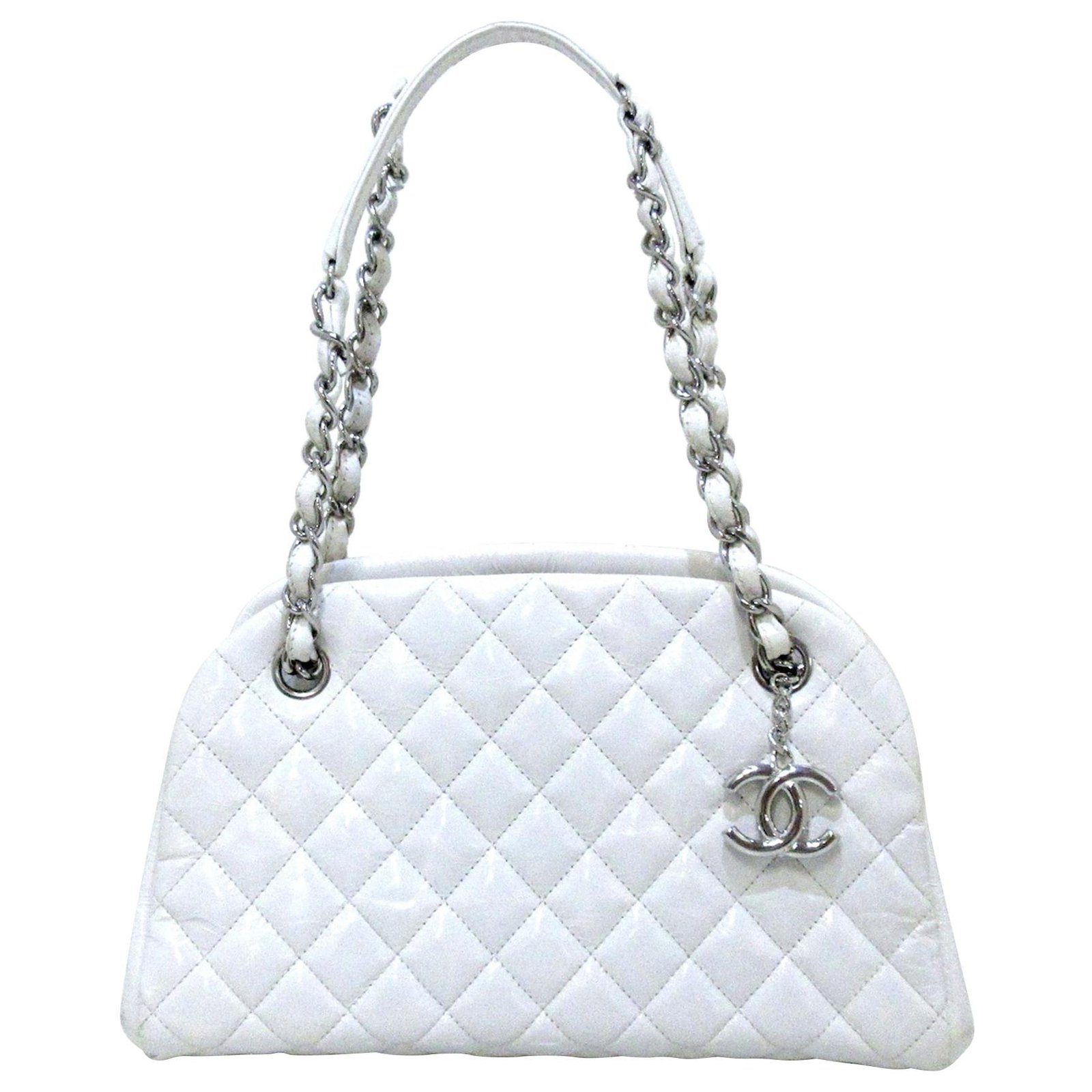 Chanel Black/White Woven Fabric Patent Leather Diamond Stitch Just Mademoiselle  Bowling Bag - Yoogi's Closet