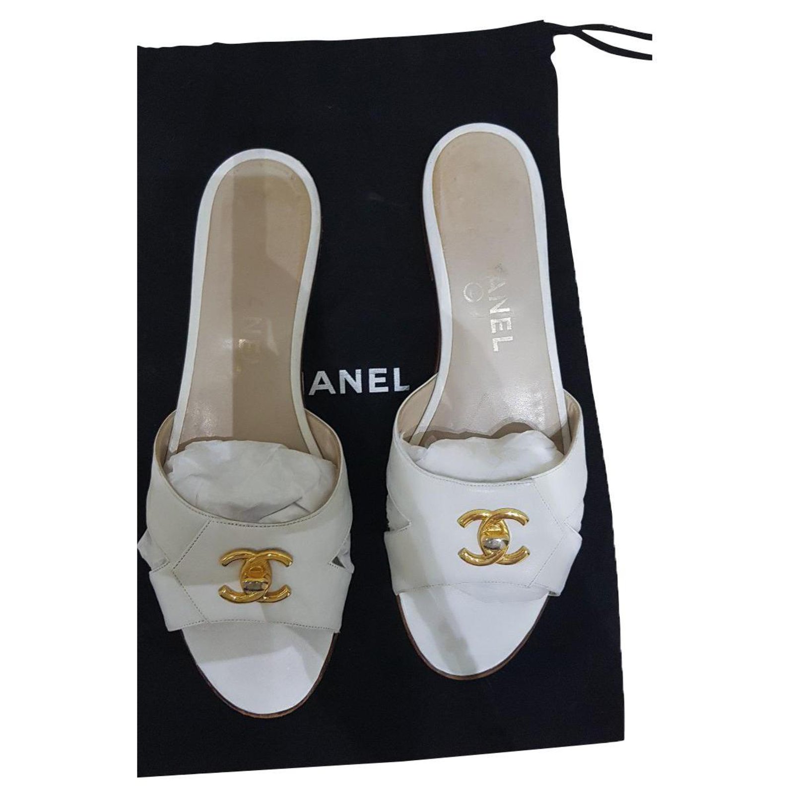 Chanel Lambskin Ivory Mules - White
