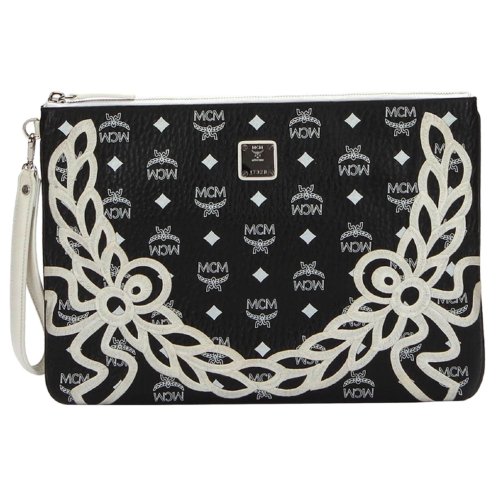 MCM Clutch aus schwarzem Visetos-Leder Weiß Kalbähnliches Kalb ref.332404 -  Joli Closet
