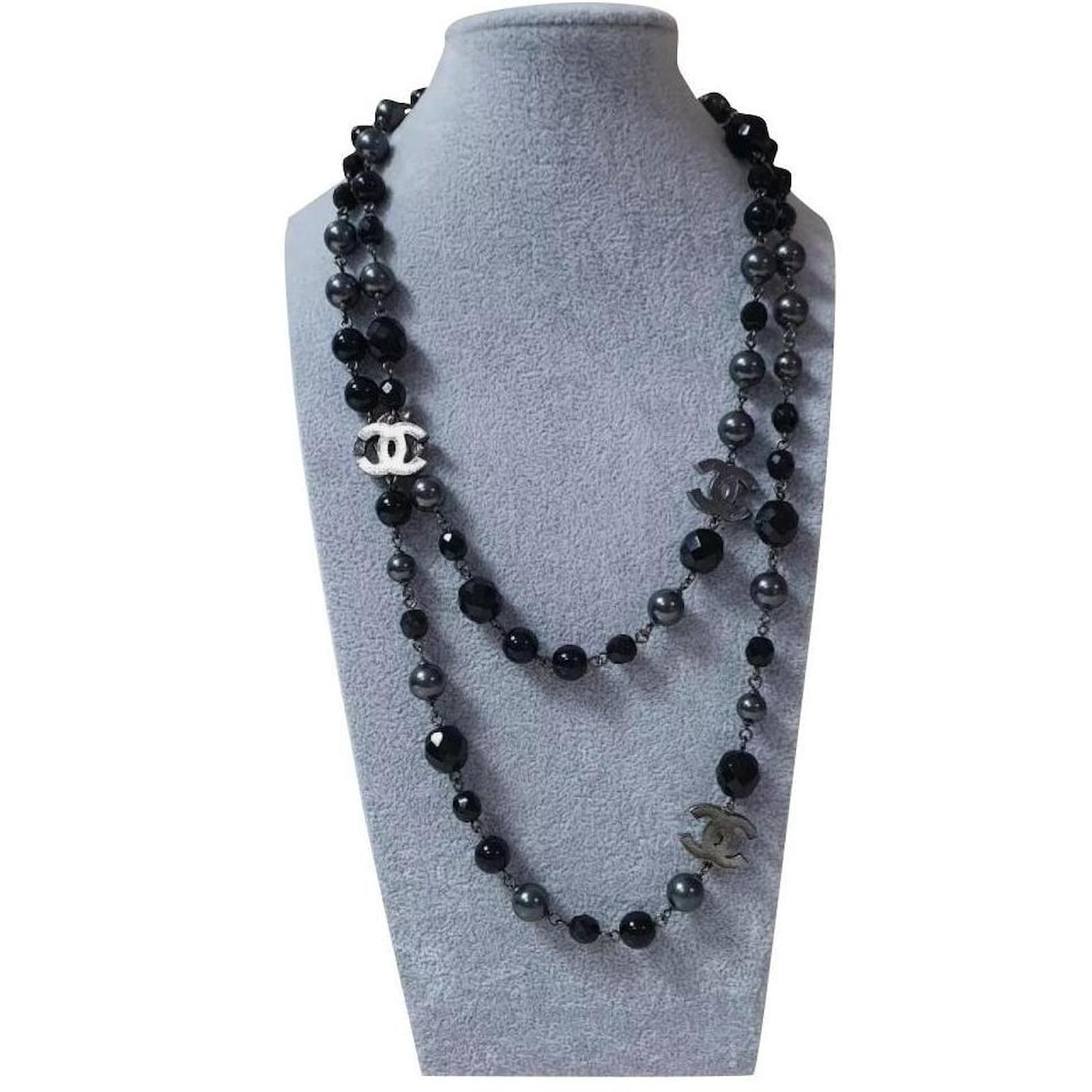 CHANEL Pearl Beaded CC Long Necklace Black White 672309  FASHIONPHILE