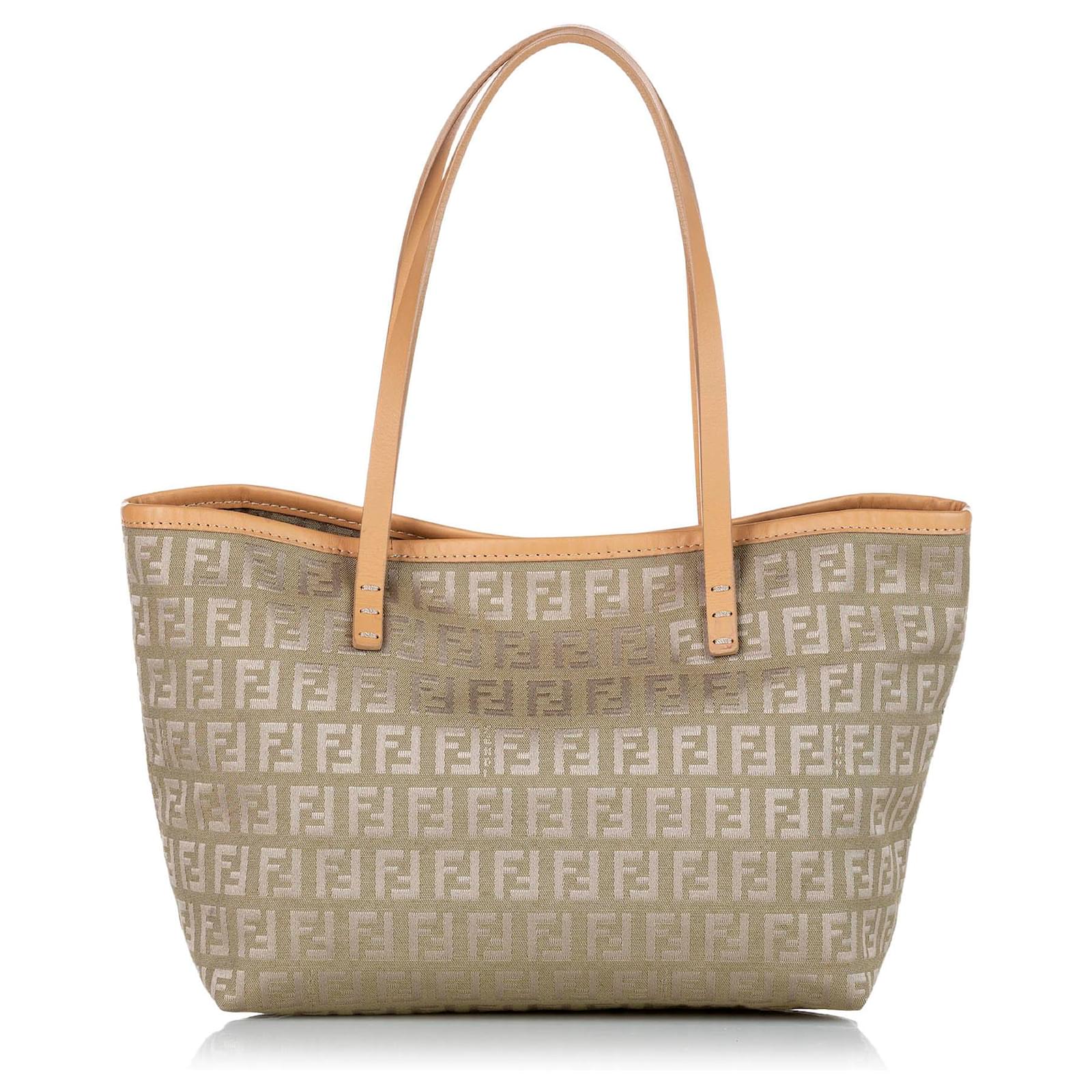 Fendi Brown Zucchino Canvas Tote Bag Leather Cloth Pony-style calfskin ...