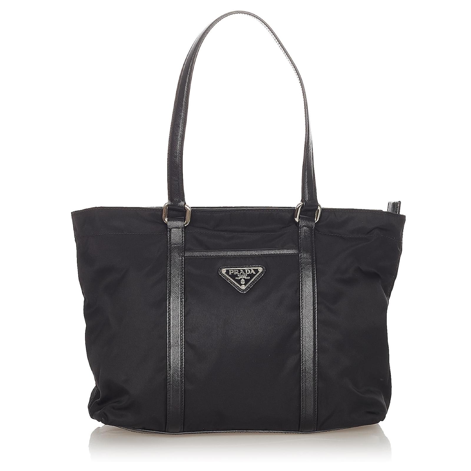 Prada Black Tessuto Nylon Calf Leather Trim Satchel Tote Bag