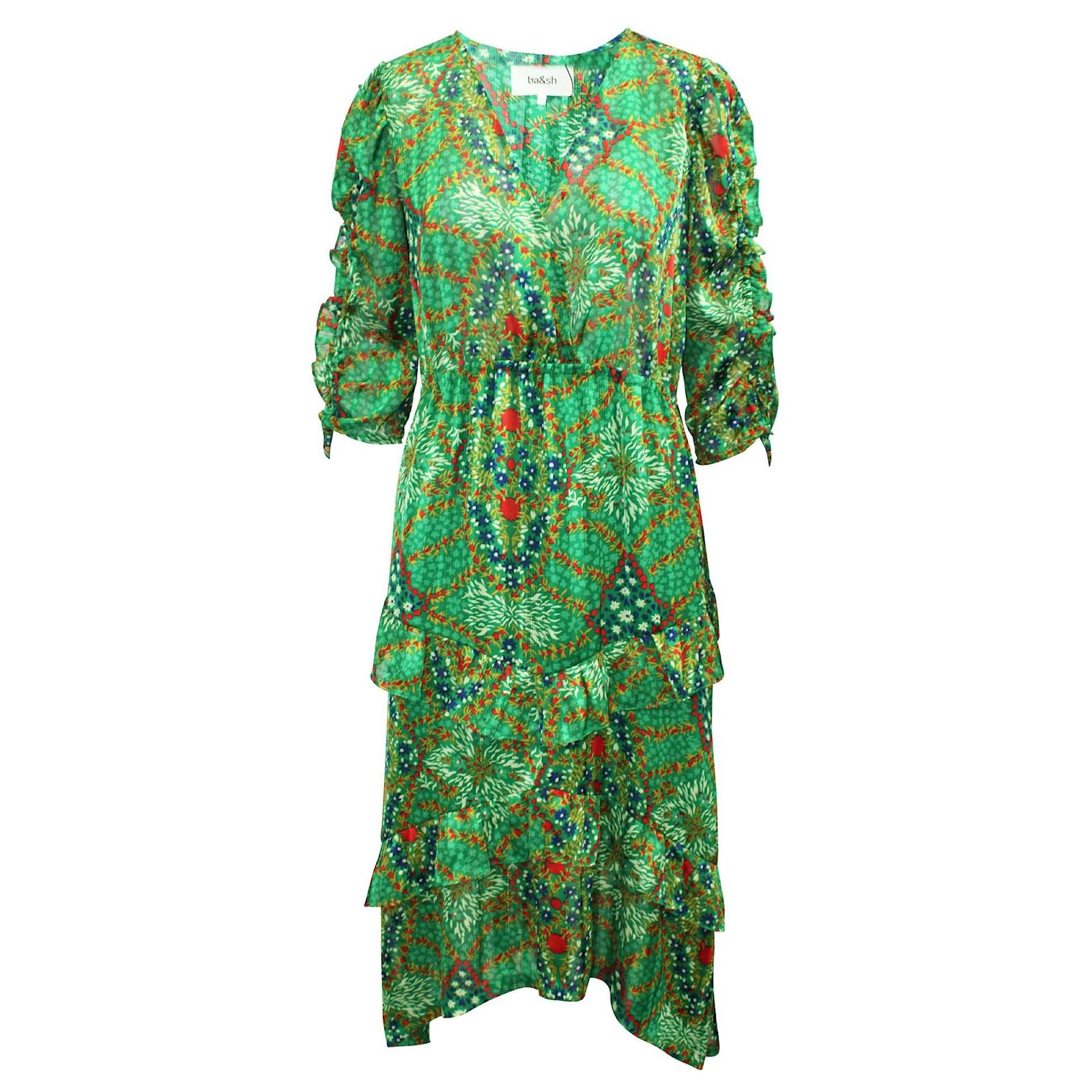 Ba☀Sh Green Print Maxi Dress Viscose ...
