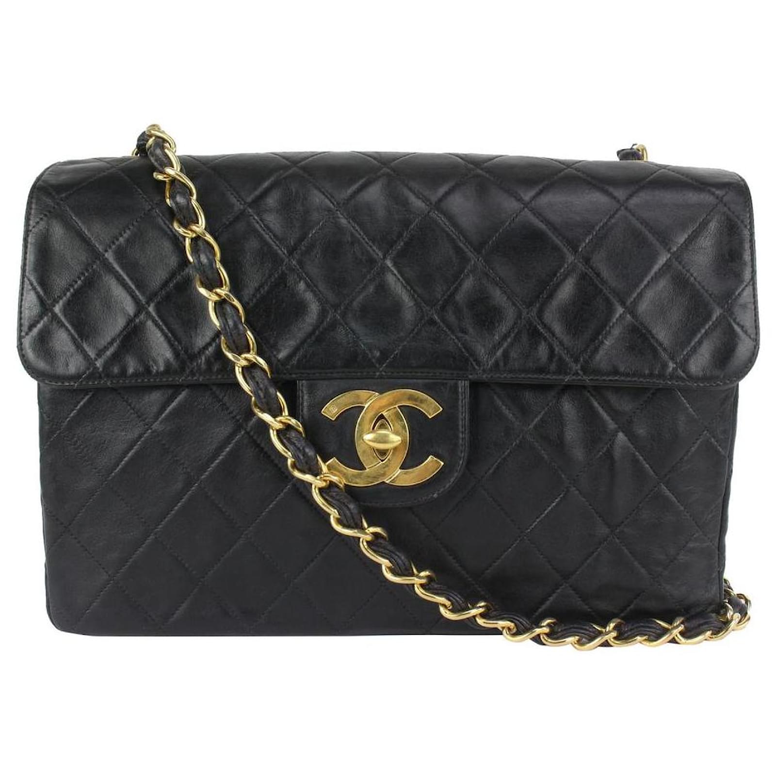 Chanel XL Black Quilted Lambskin Classic Single Flap Gold Chain