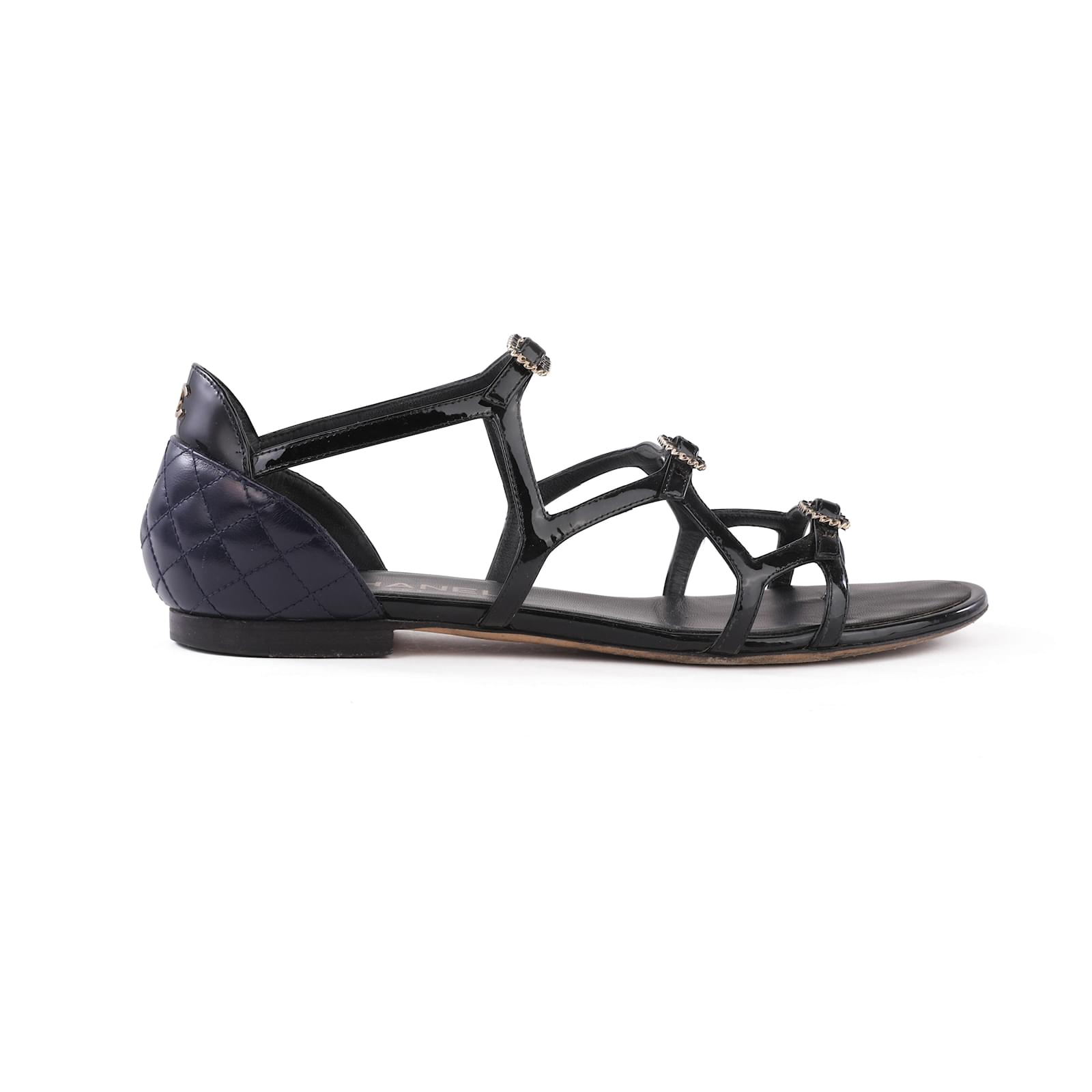 Chanel Black/Navy Strappy Flat Sandals with Gold Chain Buckles Leather  Patent leather ref.344929 - Joli Closet