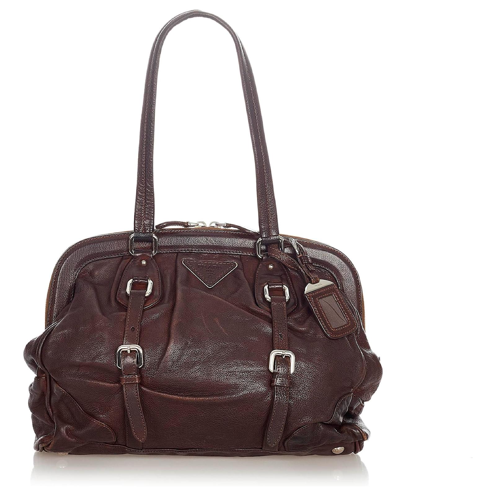 Prada Brown Frame Leather Shoulder Bag Dark brown Pony-style