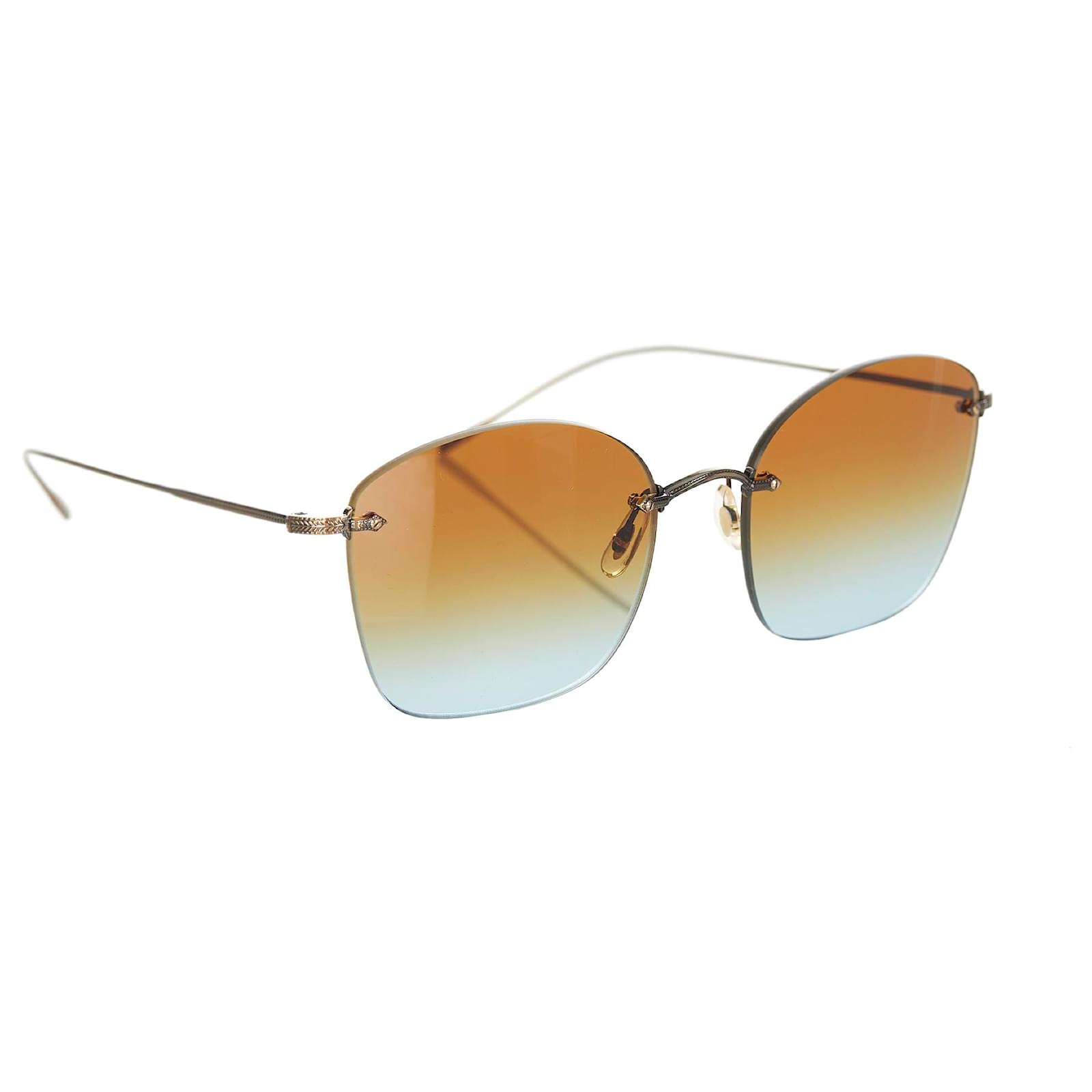 Oliver Peoples Brown Marlien Rimless Tinted Sunglasses Blue Metal Plastic   - Joli Closet