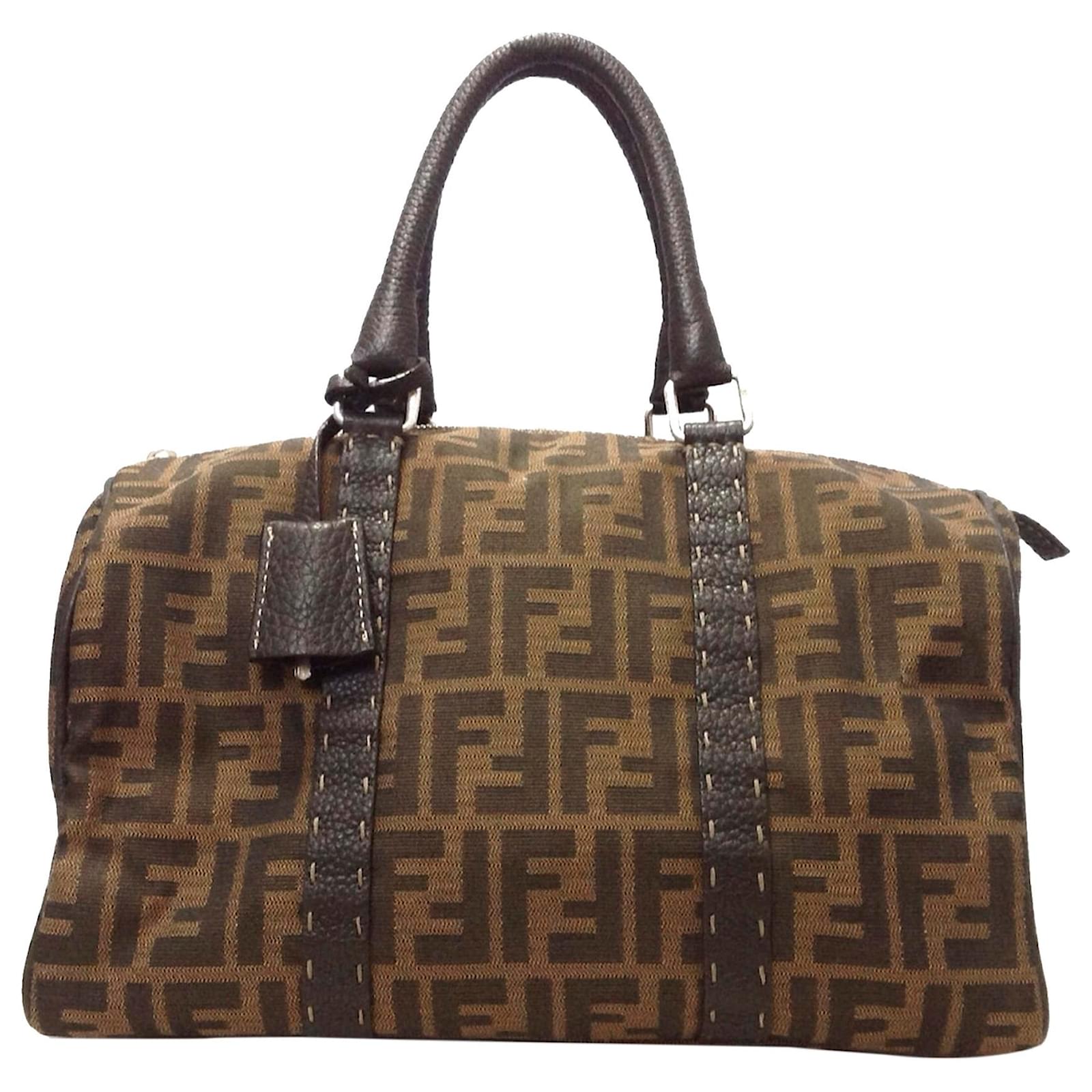 Fendi Leather-Trimmed Zucca Boston Bag - Brown Handle Bags