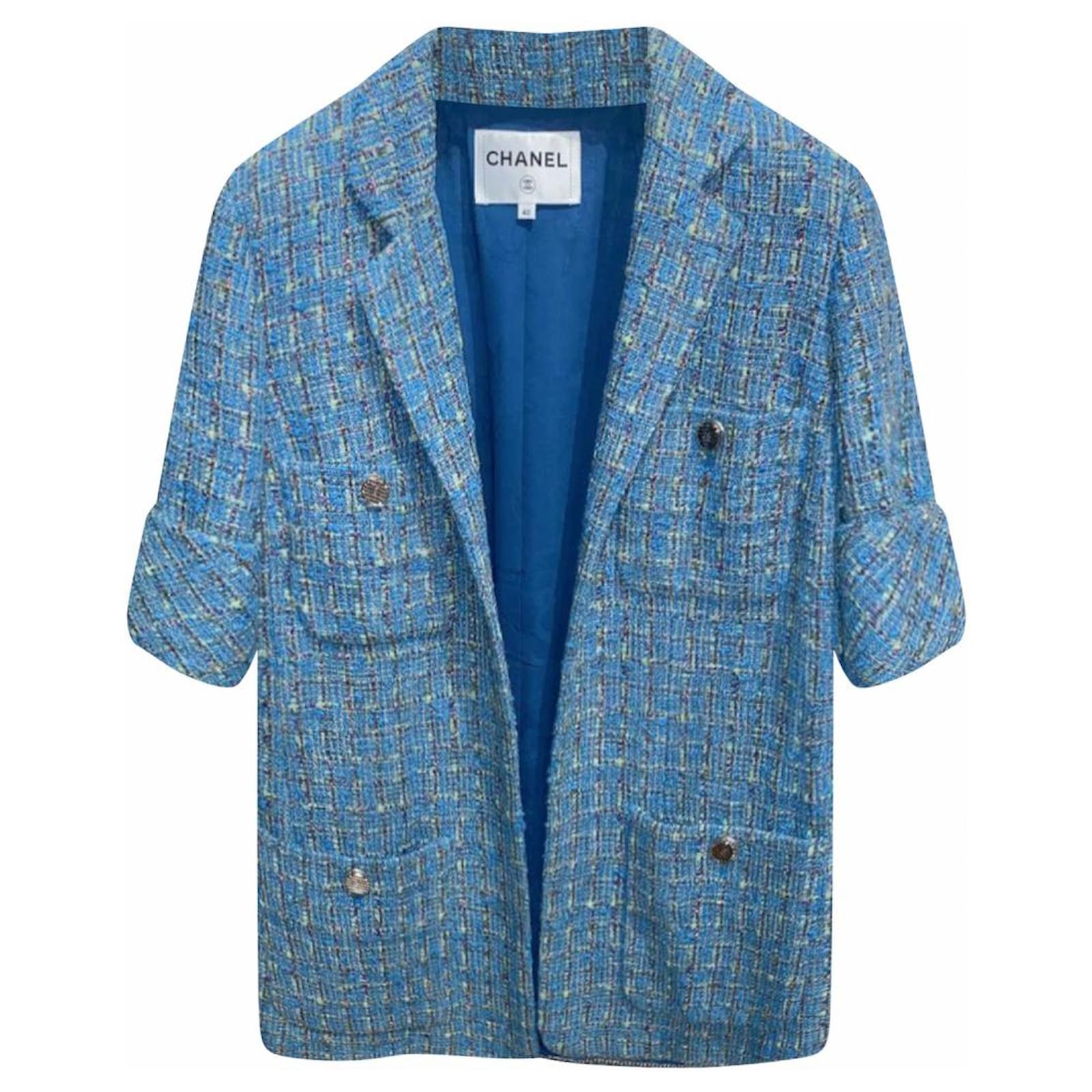 chanel blue tweed jacket