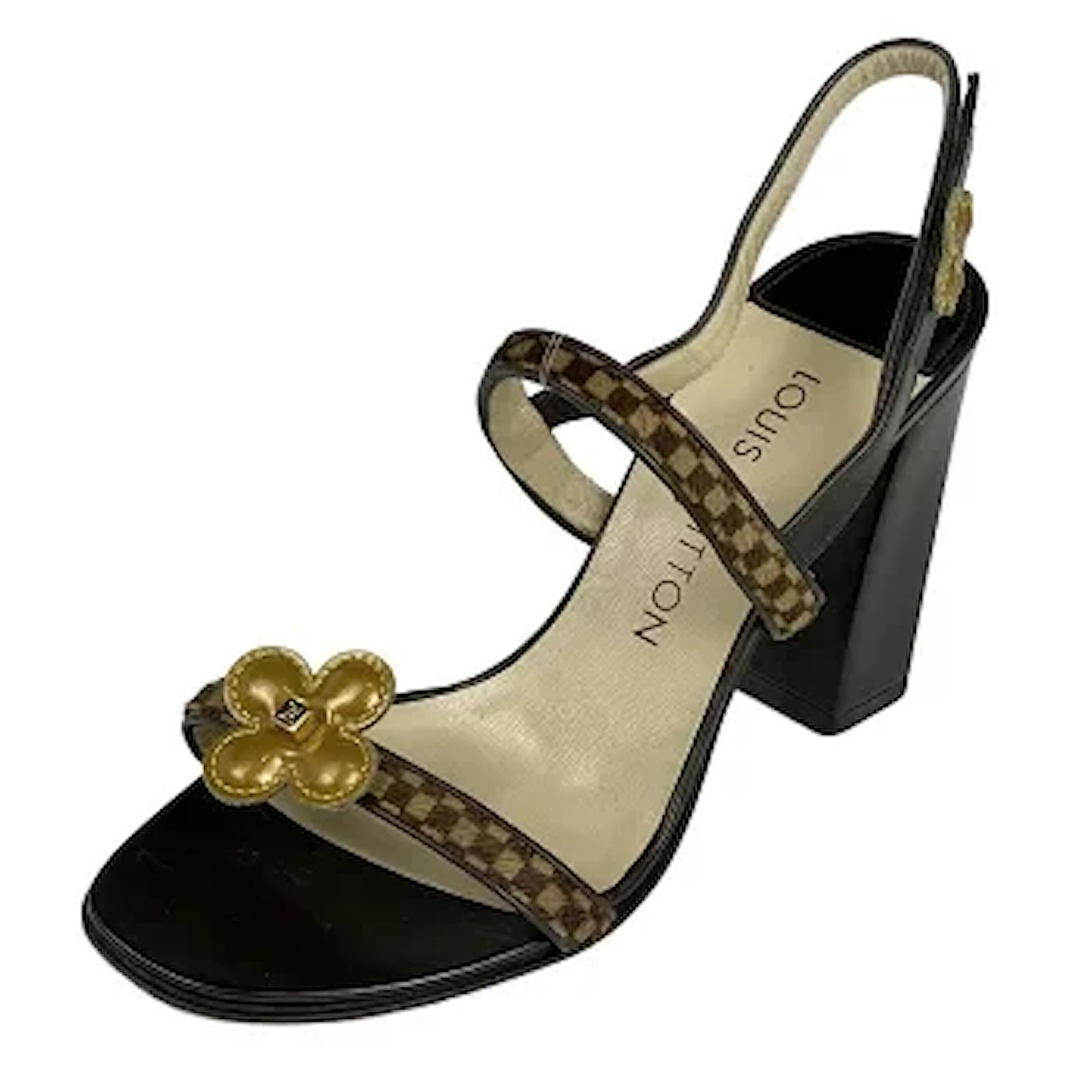 Utilisé) Louis Vuitton Damier Motif Fleur Charme Sandales Talons Chunky  Talons Hauts Logo Fleur Chaussures Sandales Harako Cuir Marron ref.352093 -  Joli Closet