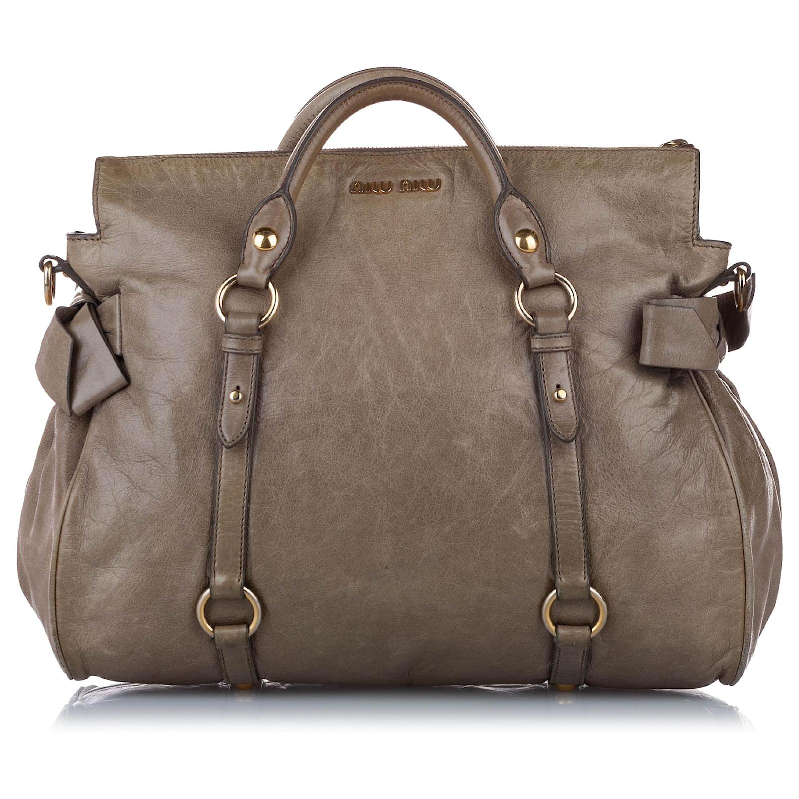 Miu Miu Brown Vitello Lux Leather Bow Top Zip Tote Miu Miu