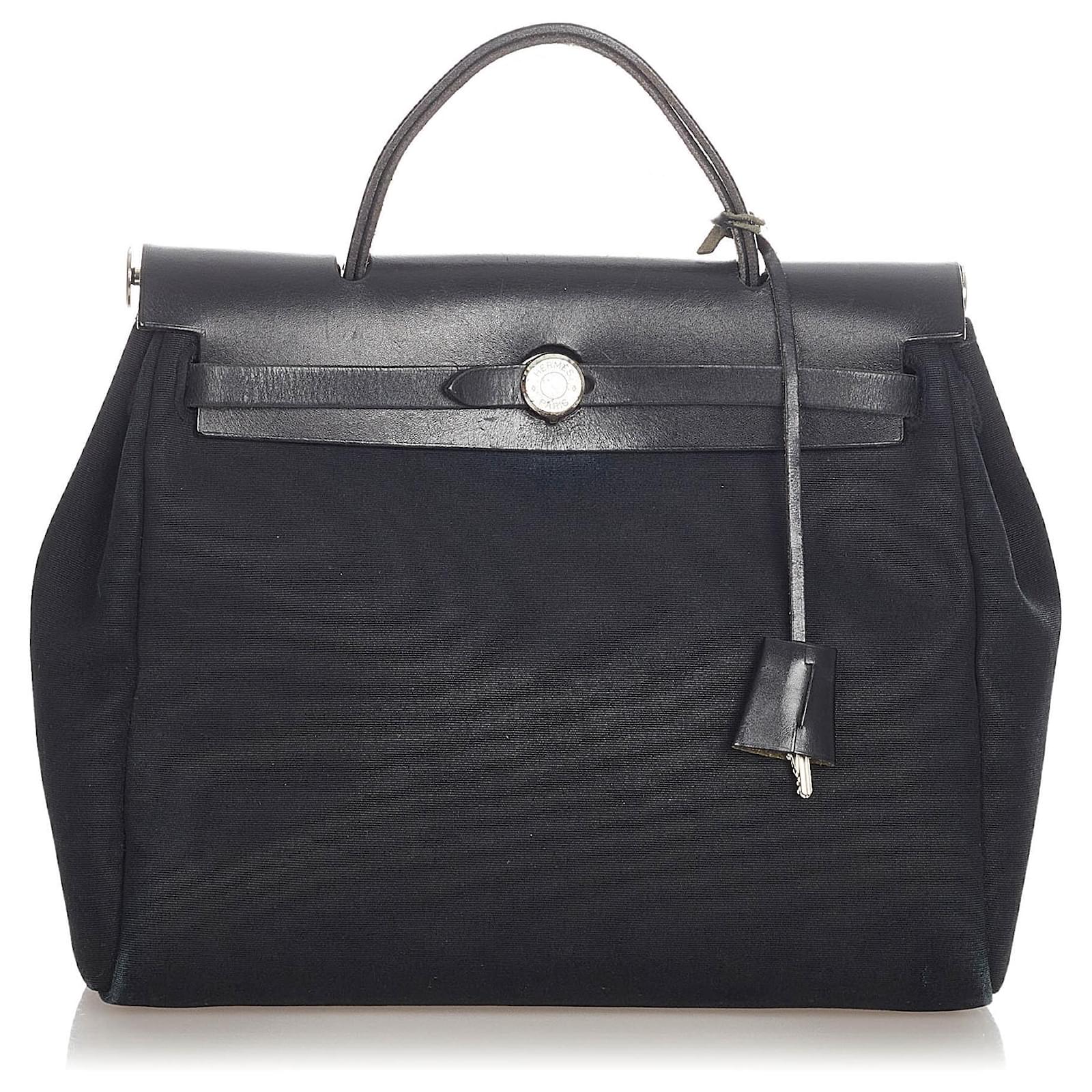 Hermès Hermes Black Canvas Herbag PM White Leather Cloth Pony-style ...