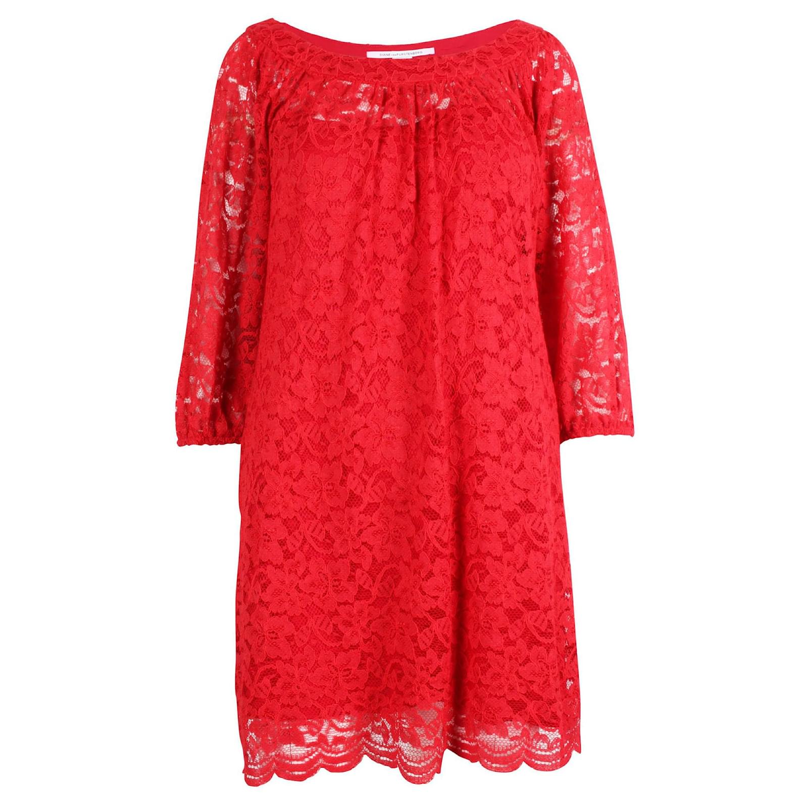 Diane Von Furstenberg Red Lace Long Sleeves Dress (Sold) - Joli Closet