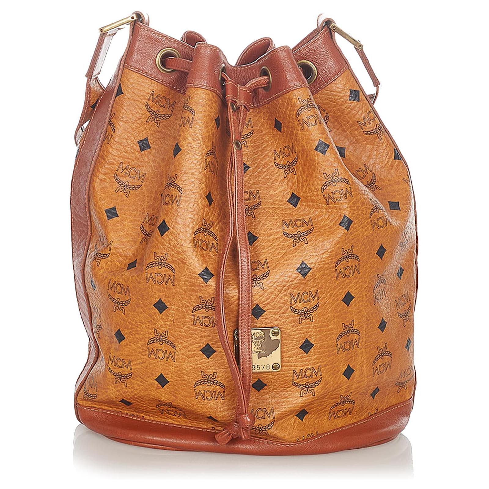 Vintage-Style MCM Leather Bucket Drawstring Shoulder Bag for Ladies