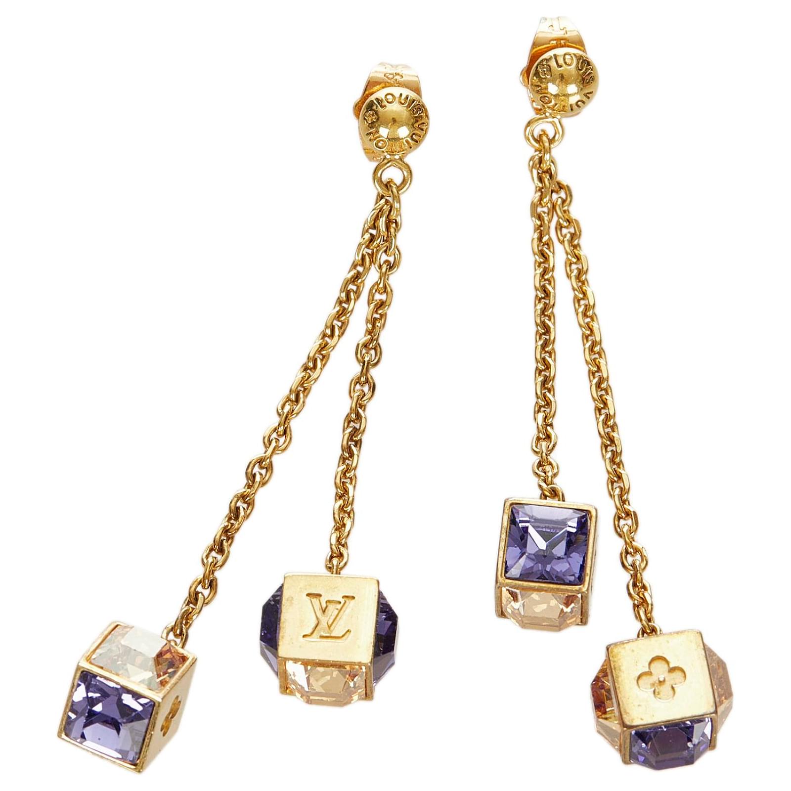 Louis Vuitton Gamble Crystal Gold Tone Dangle Earrings