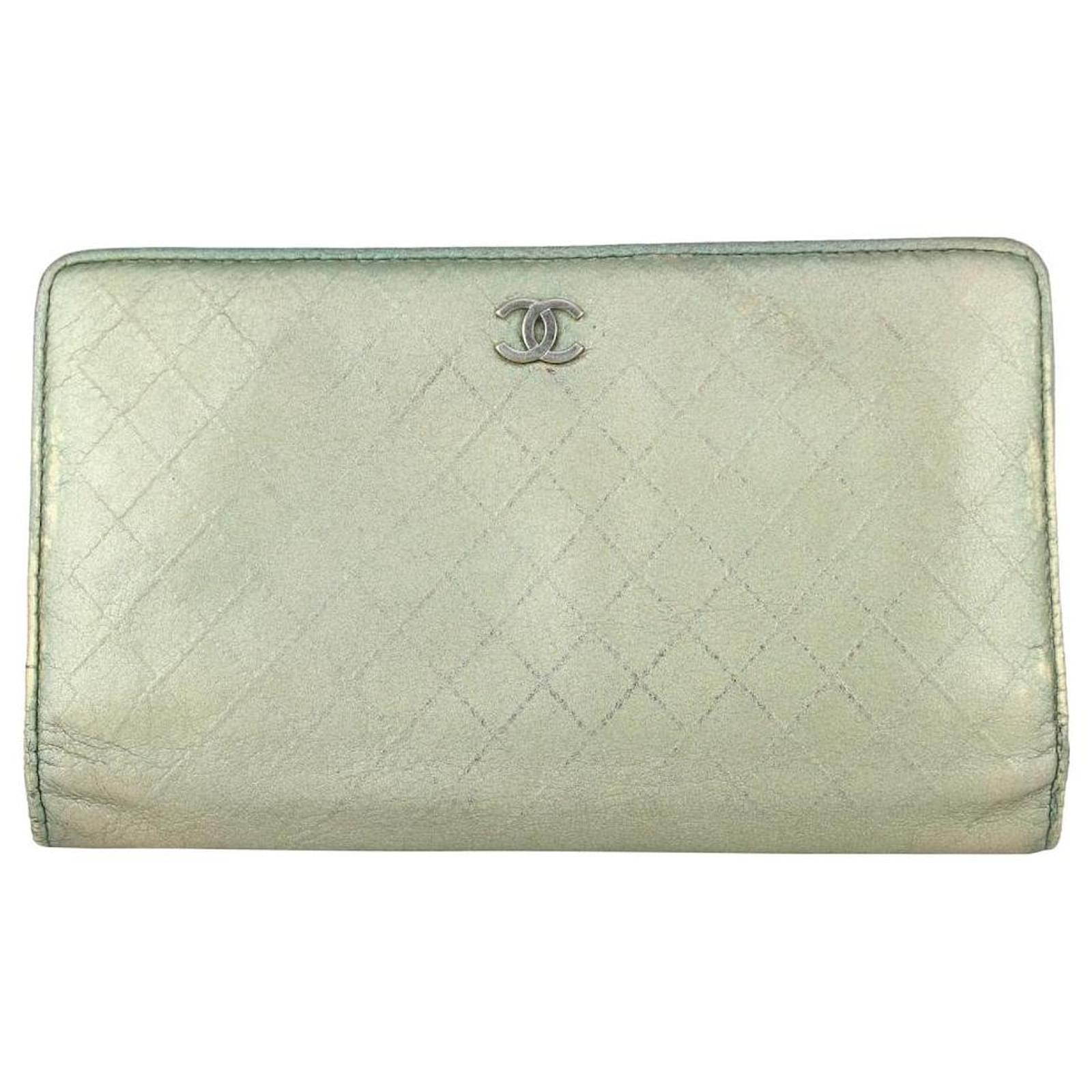 Chanel Quilted Metallic Green Leather Long Bifold Flap Wallet ref