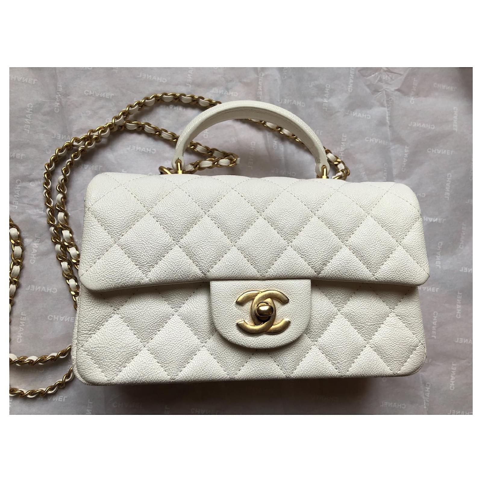 Timeless Chanel Mini Top Handle Caviar White Leather ref.355616