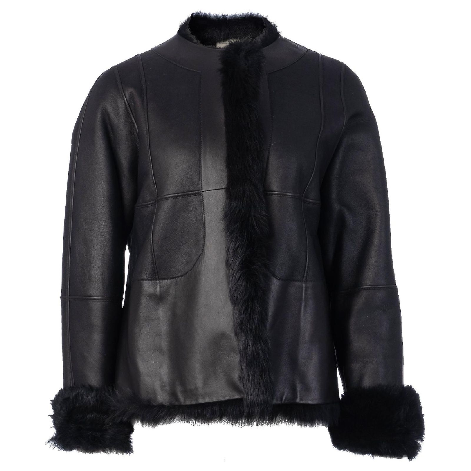 Pèlerine / Manteau Vintage En Cuir Bordé Fourrure FOUKS Années 80 - Taille L, Marron, Occasion Très Bon état