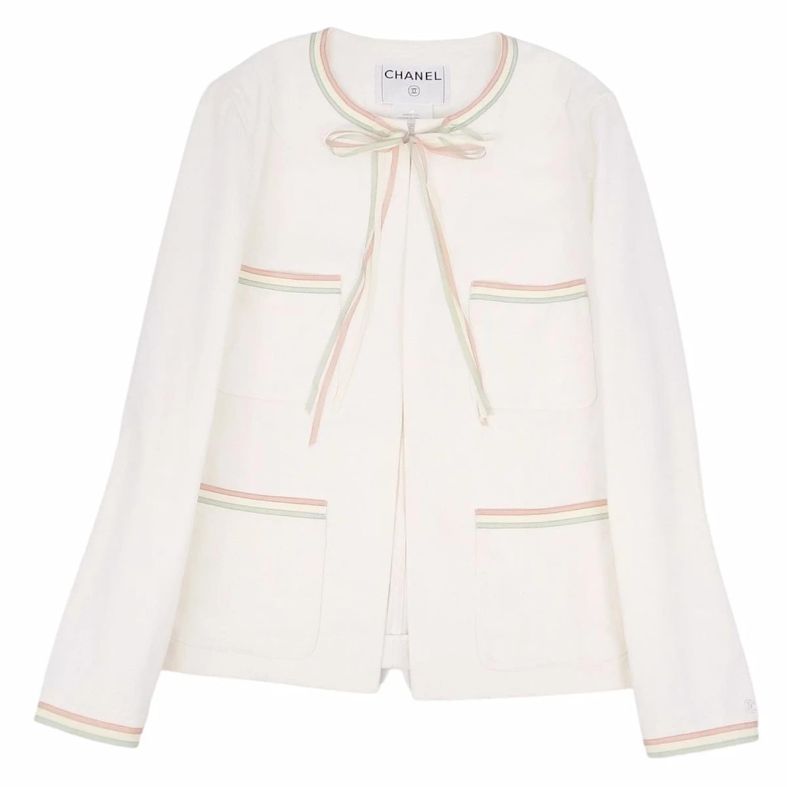 Used] Chanel CHANEL 04C Coco Mark Ribbon Trimming Collarless Jacket  Outerwear Women's White Cotton Elastane ref.358402 - Joli Closet