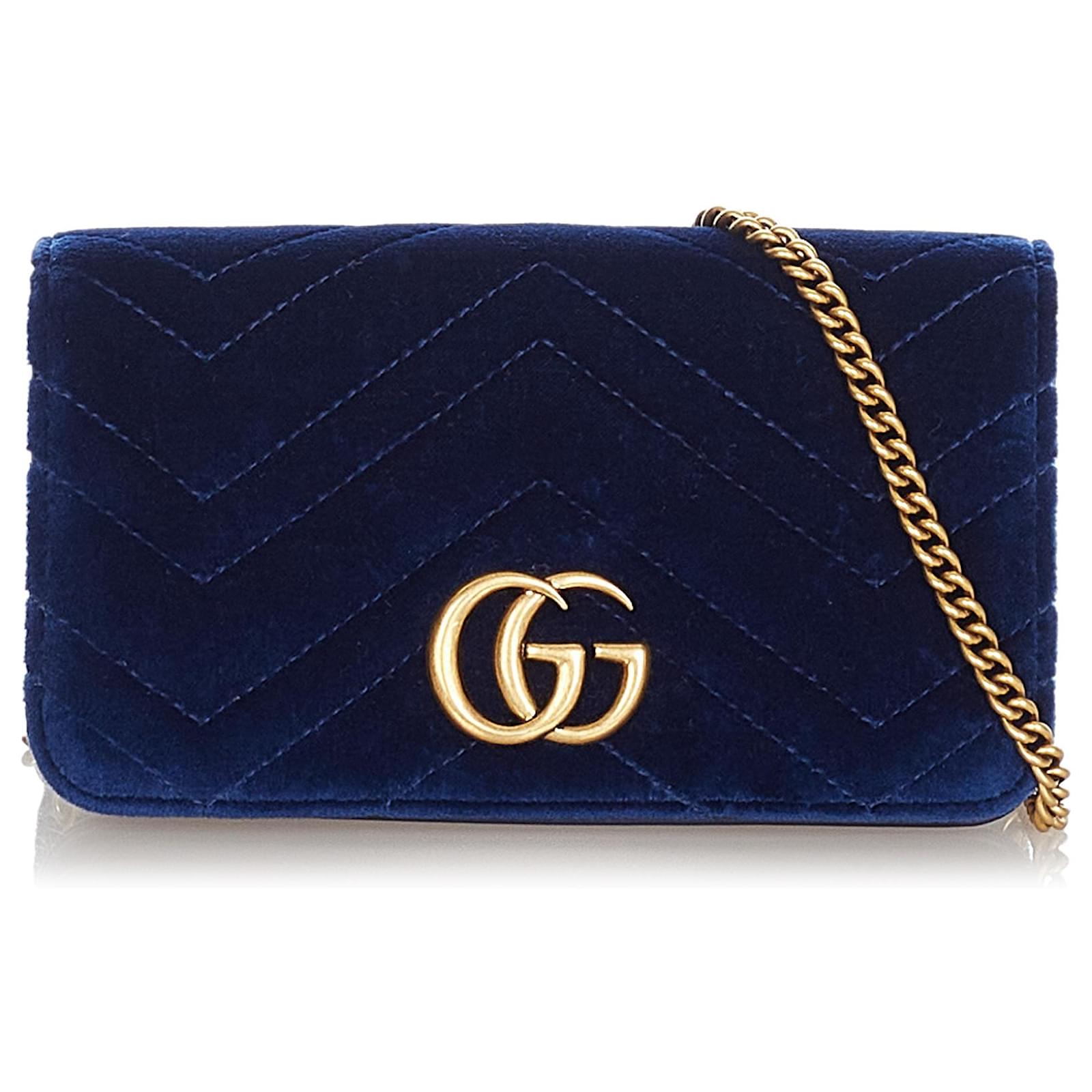 Gucci Blue Super Mini GG Marmont Velvet Crossbody Bag Metal Cloth