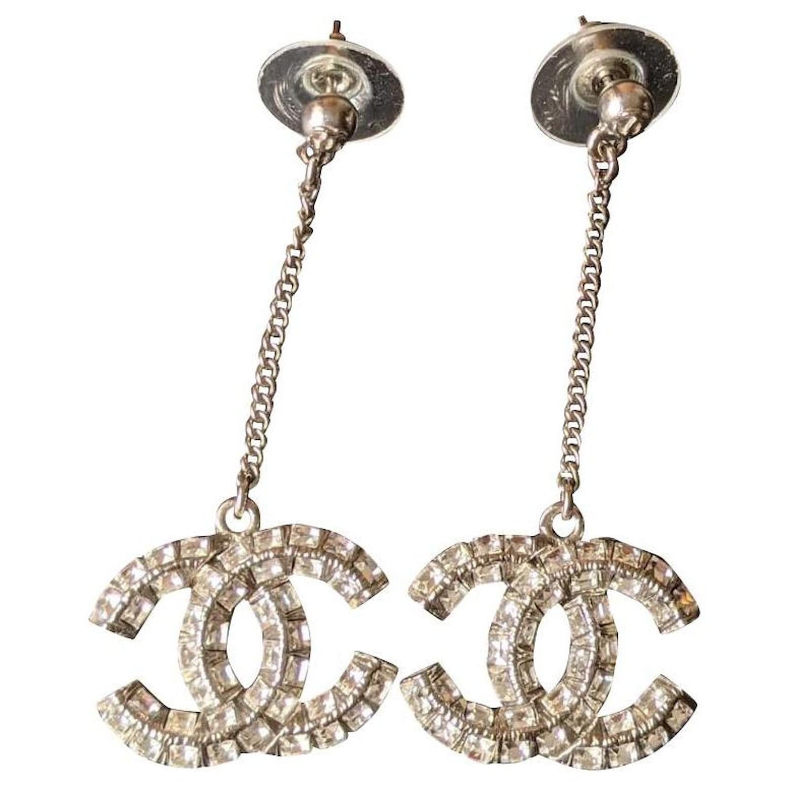 Chanel CC Logo Baguette Crystal SHW Dangling Earrings Box Silver hardware  Metal ref.361040 - Joli Closet