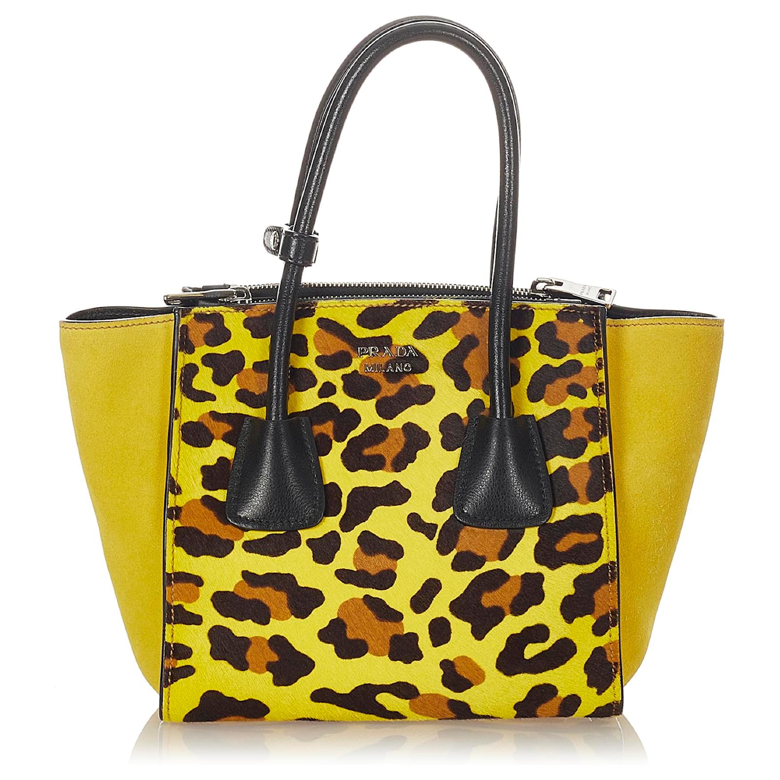 Borsa a tracolla in cavallino con doppia tasca gialla Prada Nero Giallo  Svezia Pelle Crine ref.364552 - Joli Closet