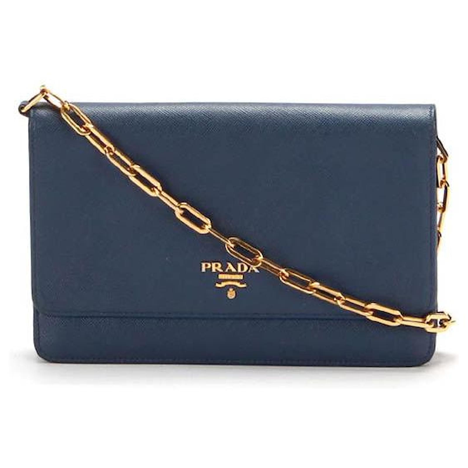 Prada Saffiano Wallet On Chain in blue calf leather leather ref