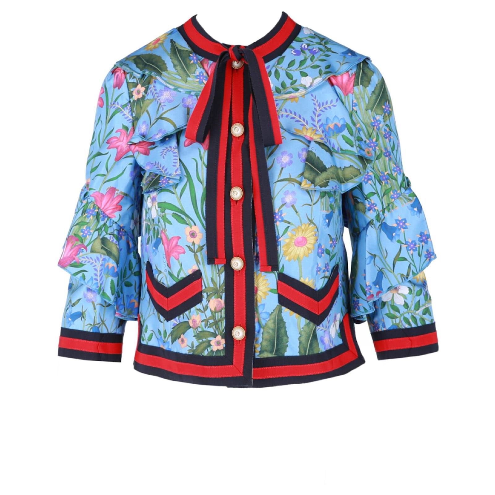Gucci Giacca in seta con volant Flora Blu ref.370887 - Joli Closet