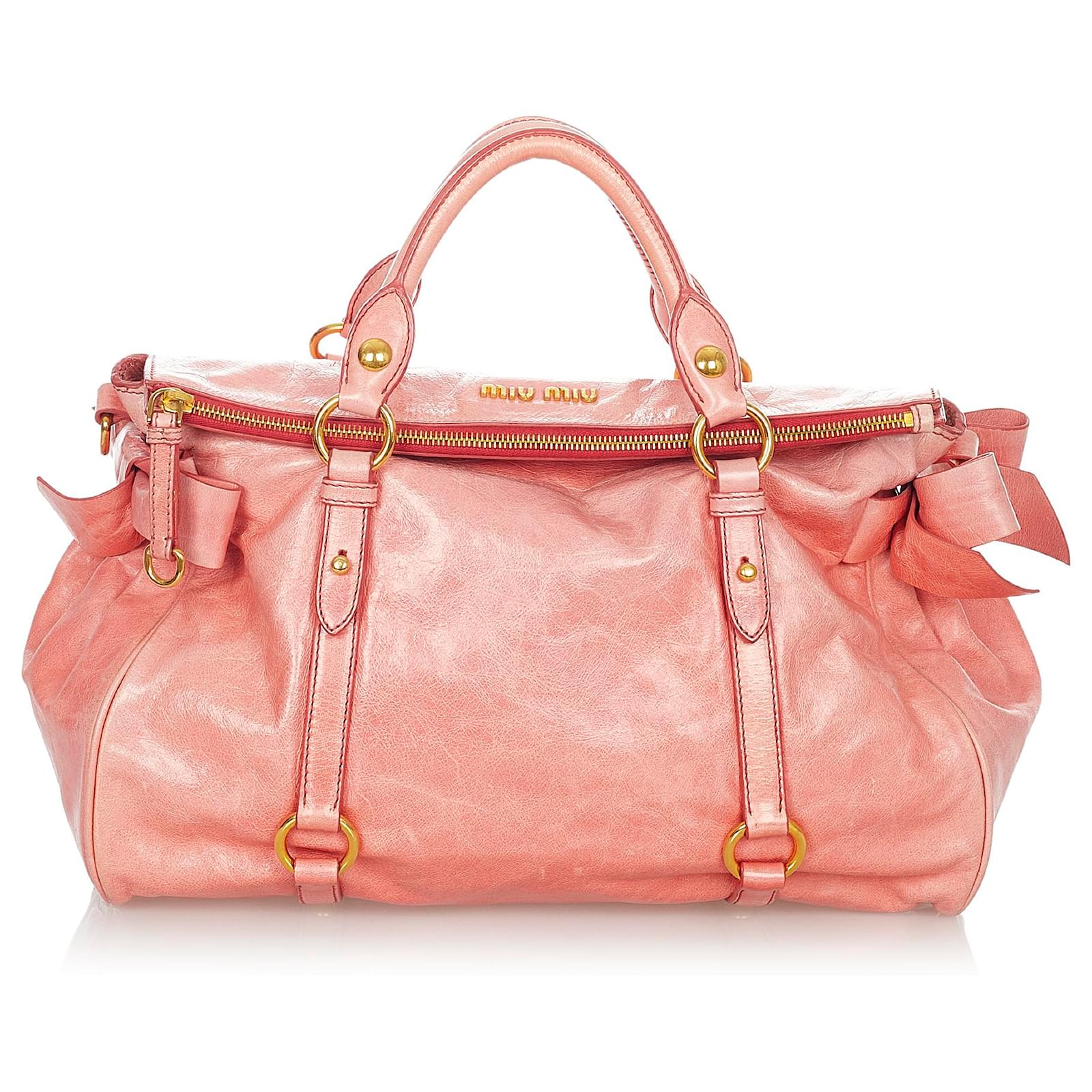 Miu Miu Vitello Lux Bow Shoulder Bag Pink Leather Pony-style