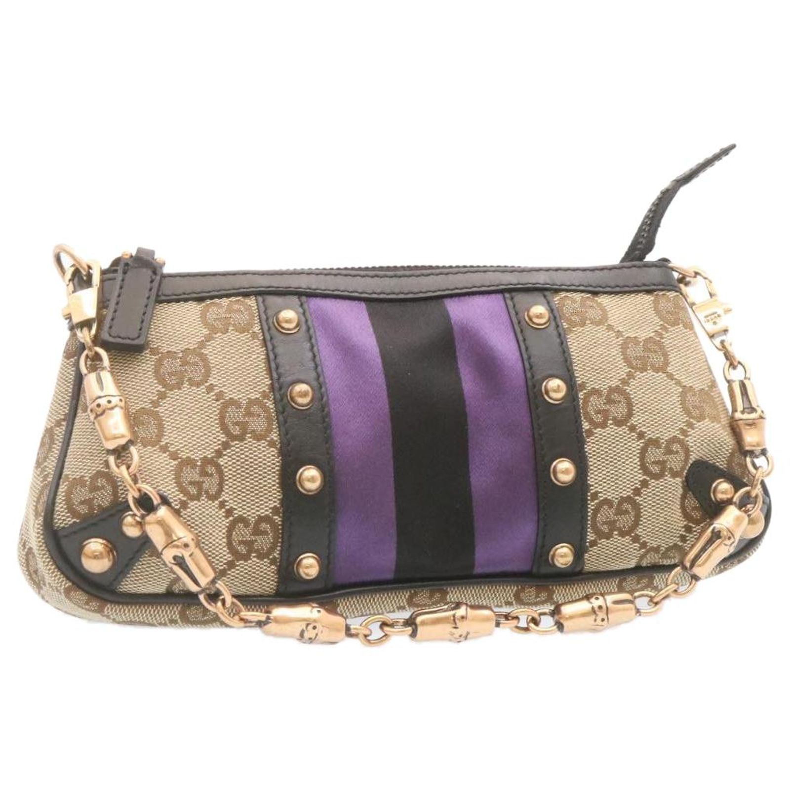 GUCCI GG Canvas Sherry Line Bamboo Accessory Pouch Beige Black 