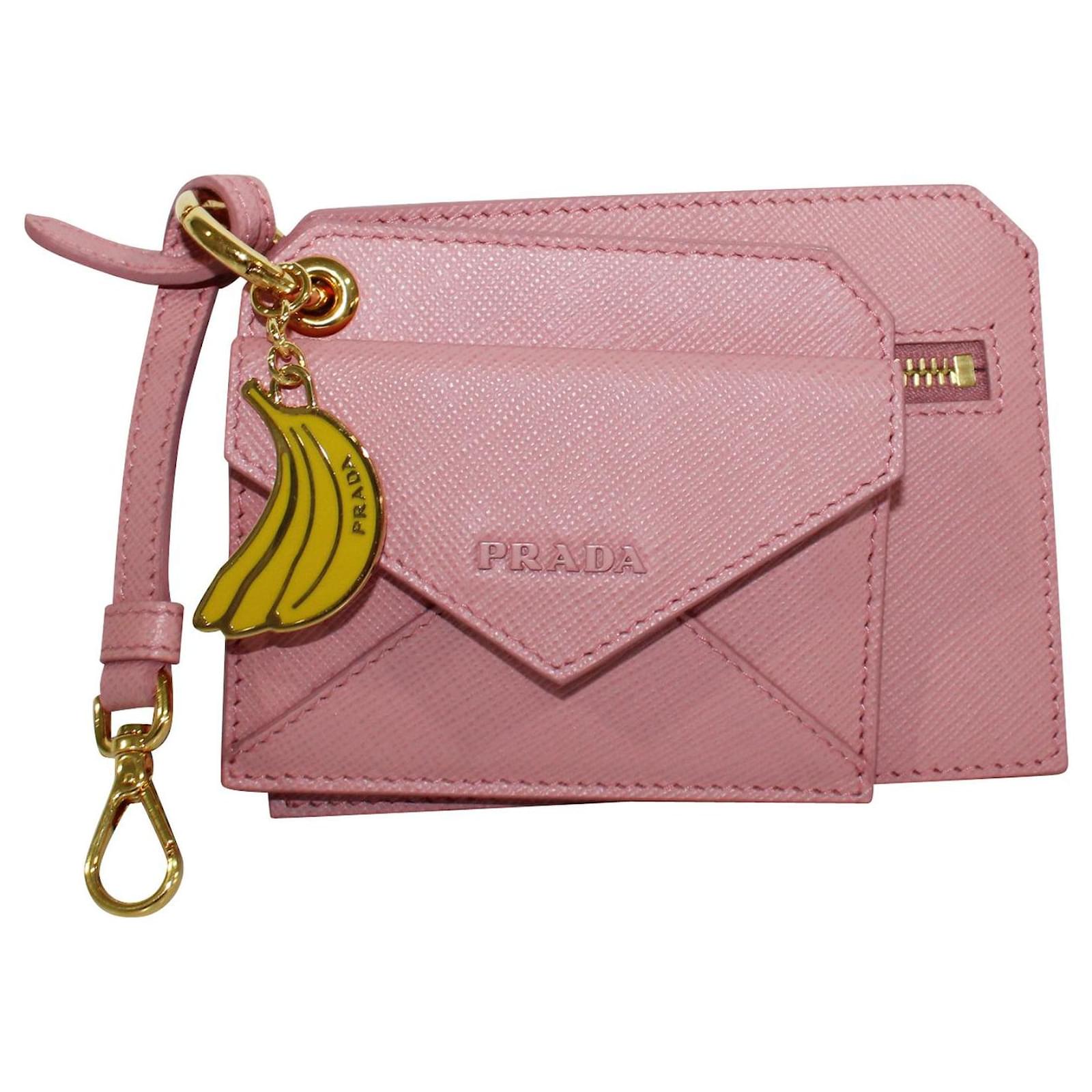 Prada Pink Saffiano Lux Banana Charm Keychain and Card Holder Leather   - Joli Closet