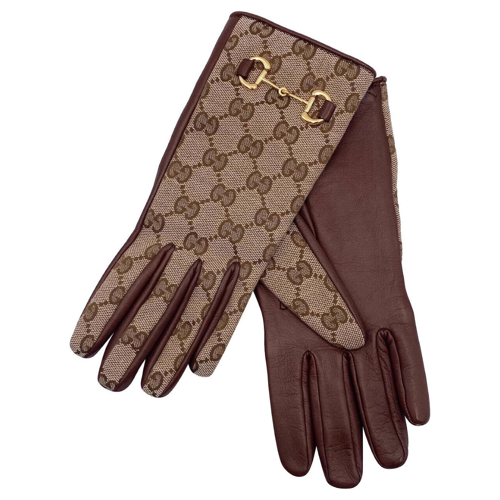 Gucci Gloves 2021 GG fabric c clamp size 7 Brown Leather Cloth  -  Joli Closet