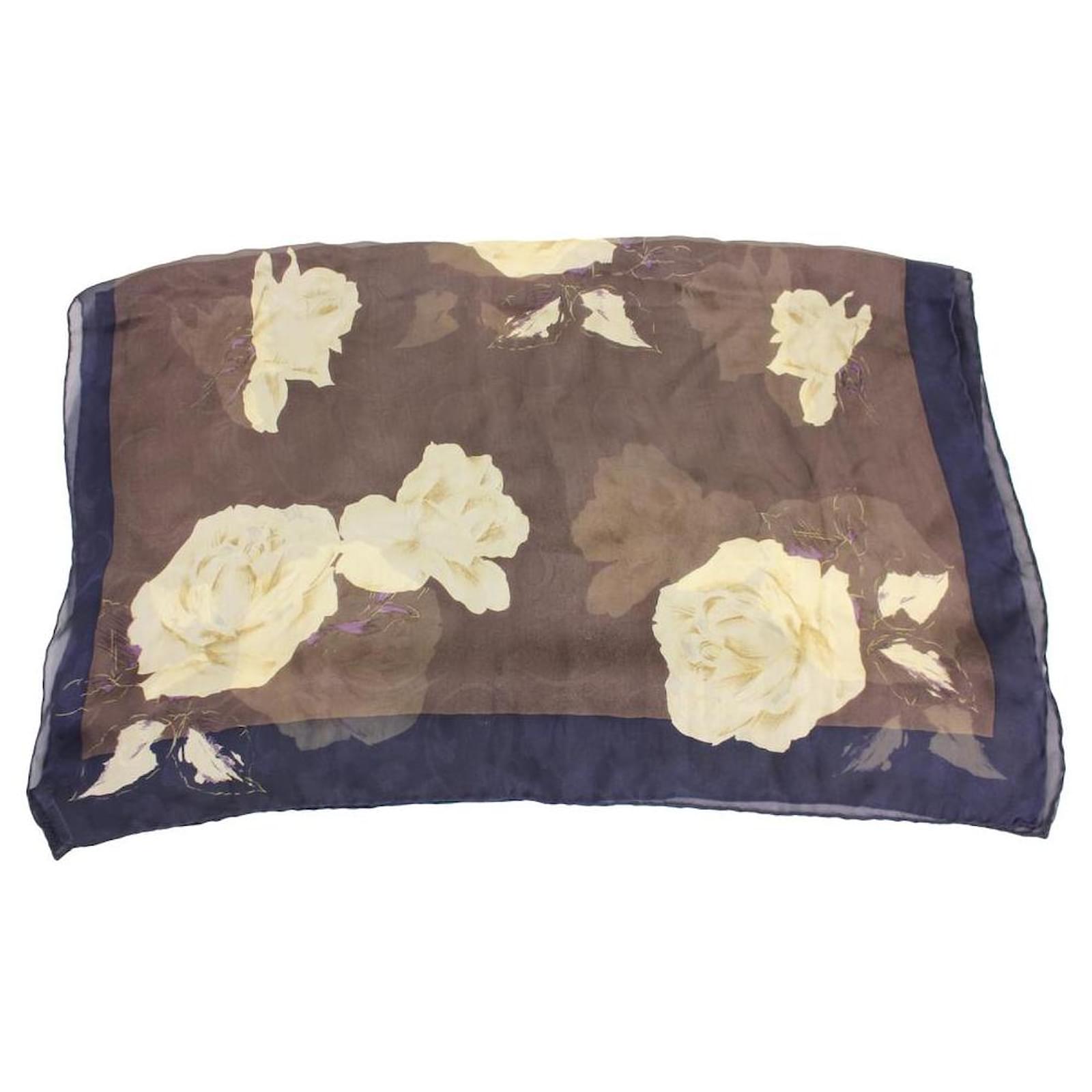 Giorgio Armani Brown Navy Blue Beige Rose Floral 100% Silk scarf   - Joli Closet