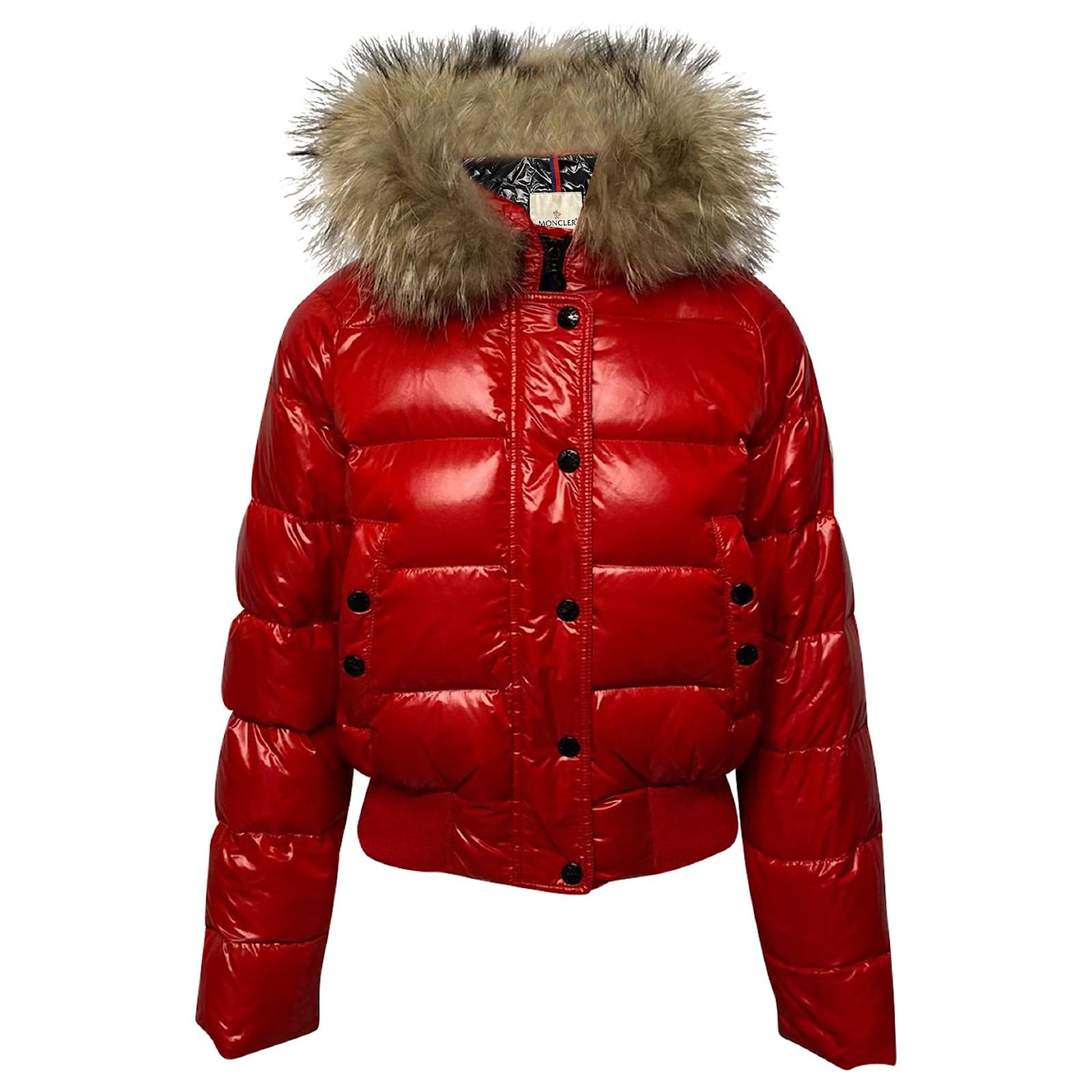 Moncler Shiny Quilted Down Jacket with Fur Hoodie Red