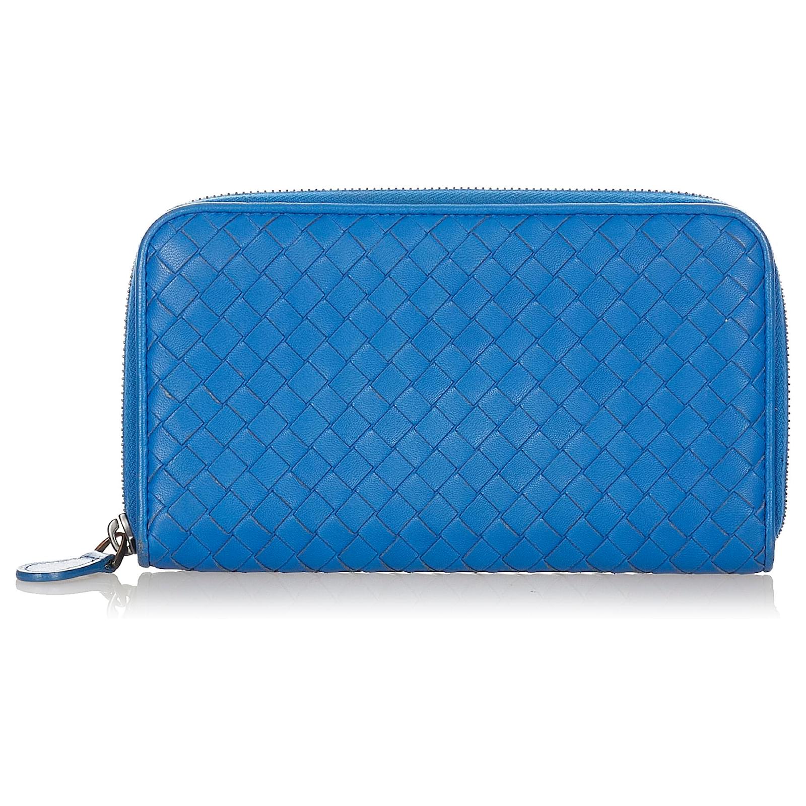 Bottega Veneta Blue Intrecciato Leather Zip Around Coin Purse Wallet