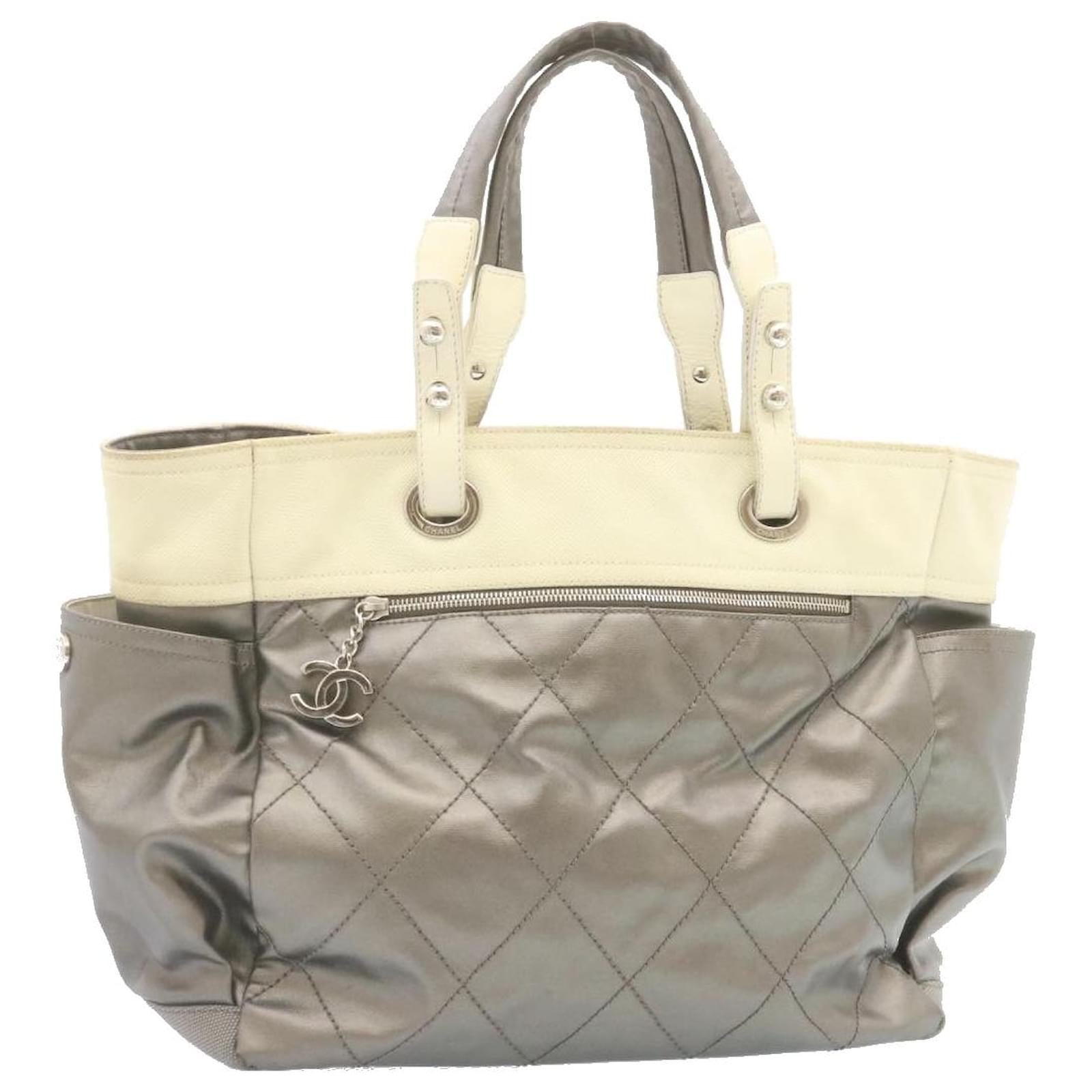 CHANEL Paris Biarritz Tote Bag Coated Canvas Silver CC Auth se170 Silvery  Cloth ref.375410 - Joli Closet