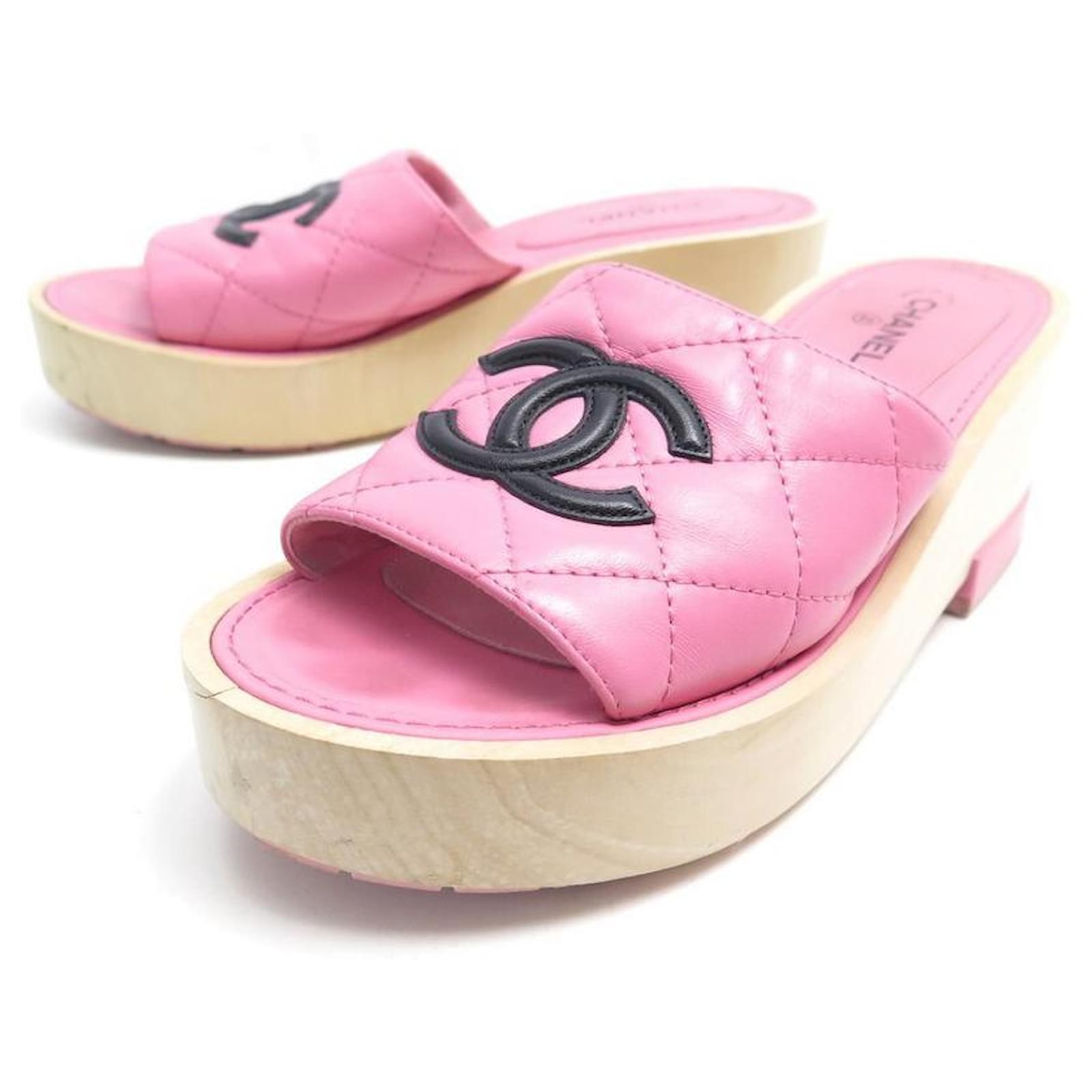 CHANEL MULES L-HEEL SHOES35456 PINK QUILTED LEATHER CC LOGO SHOES