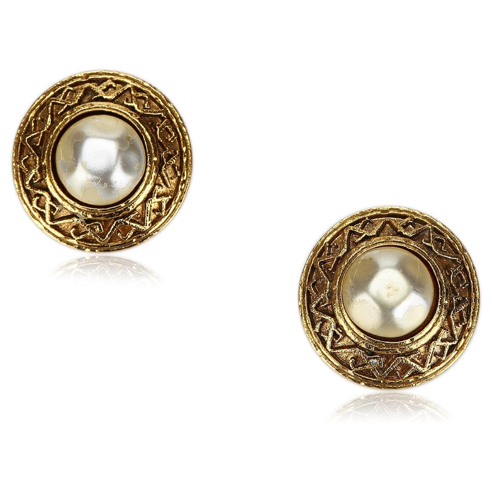 Chanel Vintage Faux Pearl Gold Tone Clip-on Stud Earrings