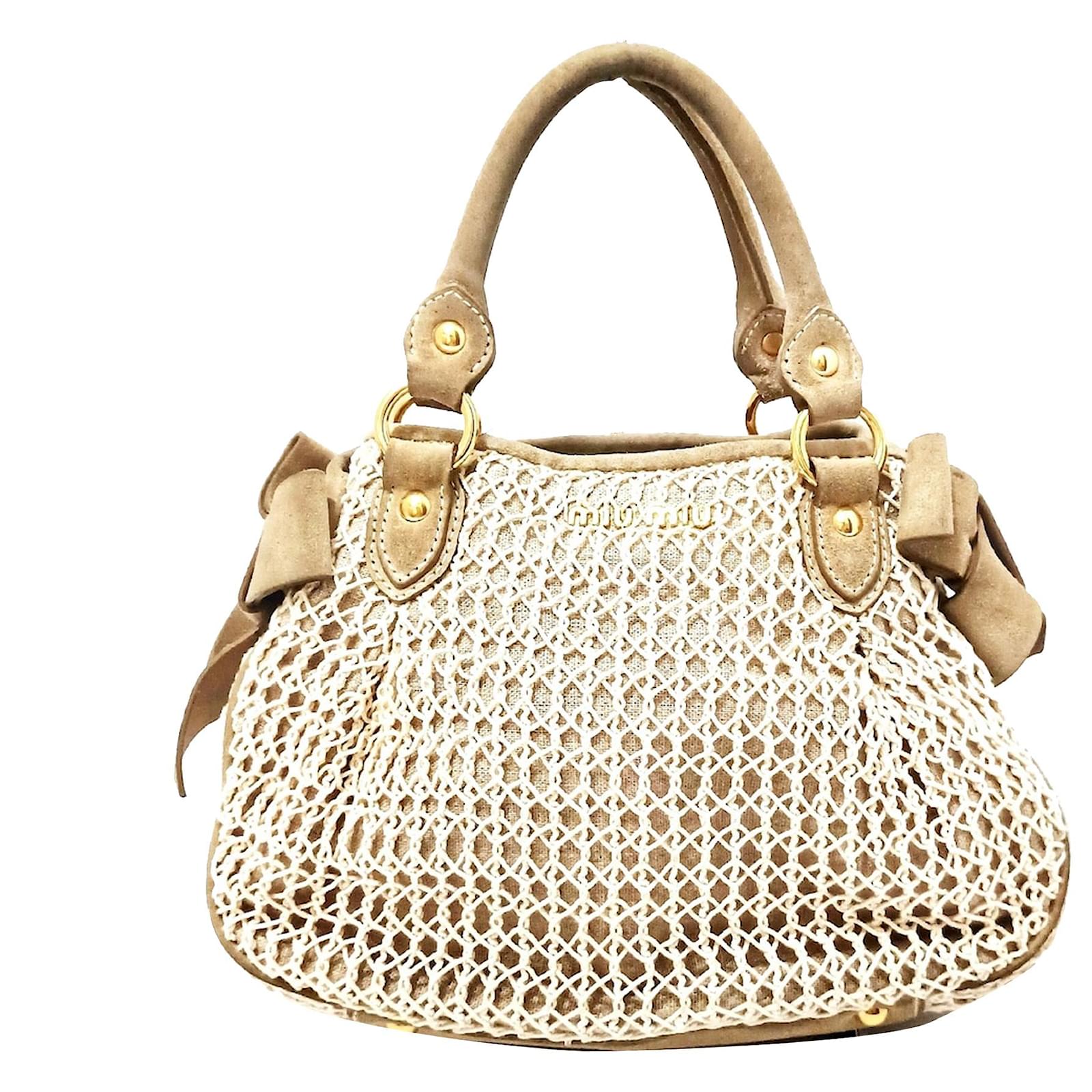 Sac à main en crochet marron Miu Miu Suede Cuir Tissu Blanc Beige ref.376334 - Joli Closet
