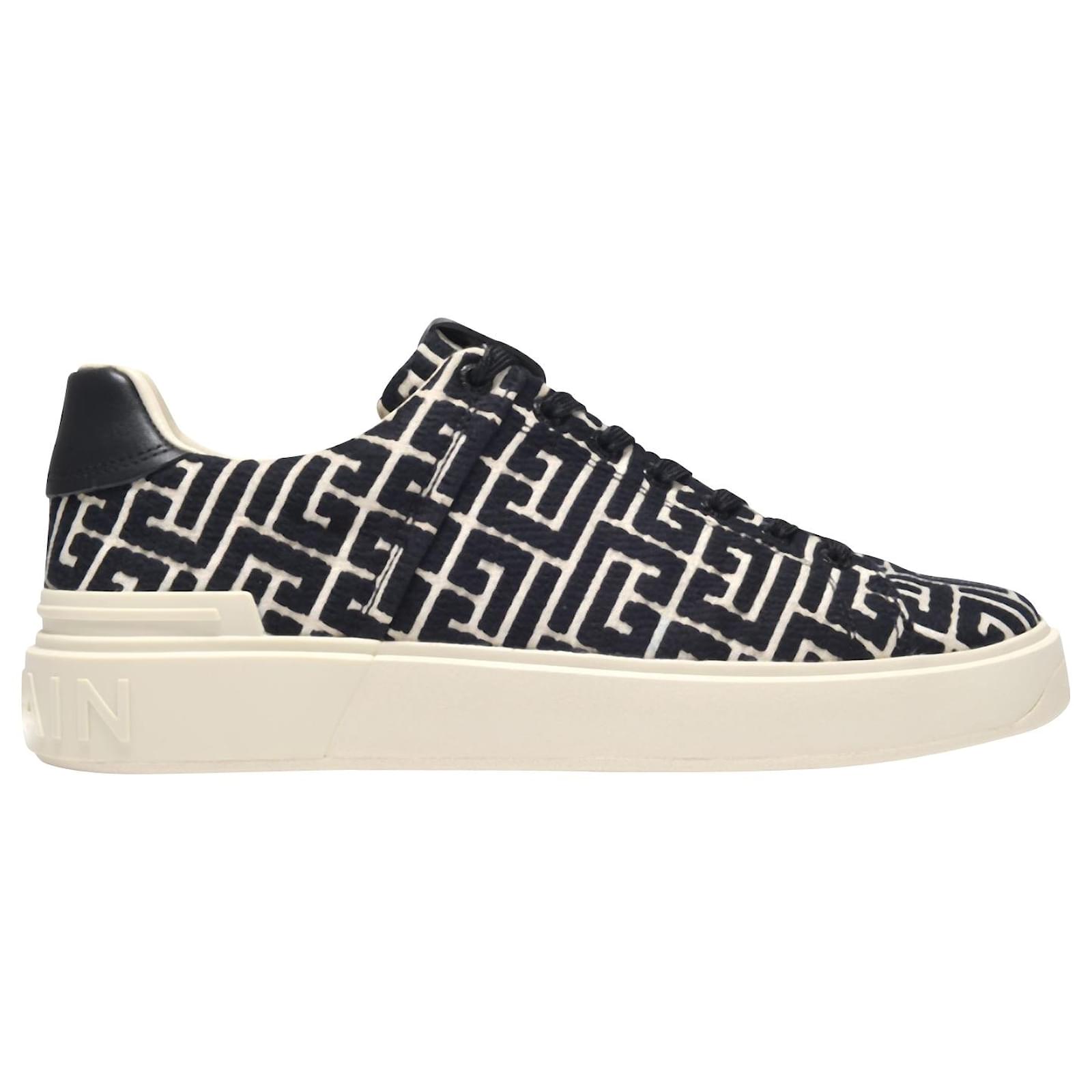 Balmain B-Court Monogram Canvas White / Black High Top Sneakers