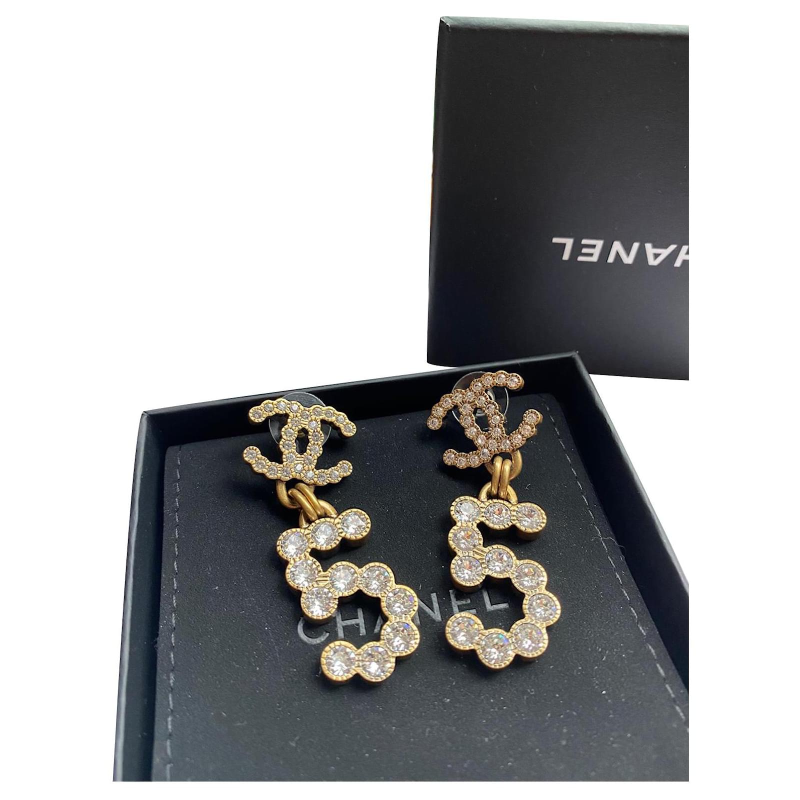 Chanel Crystal City of Light CC Drop Earrings Gold Golden Metal