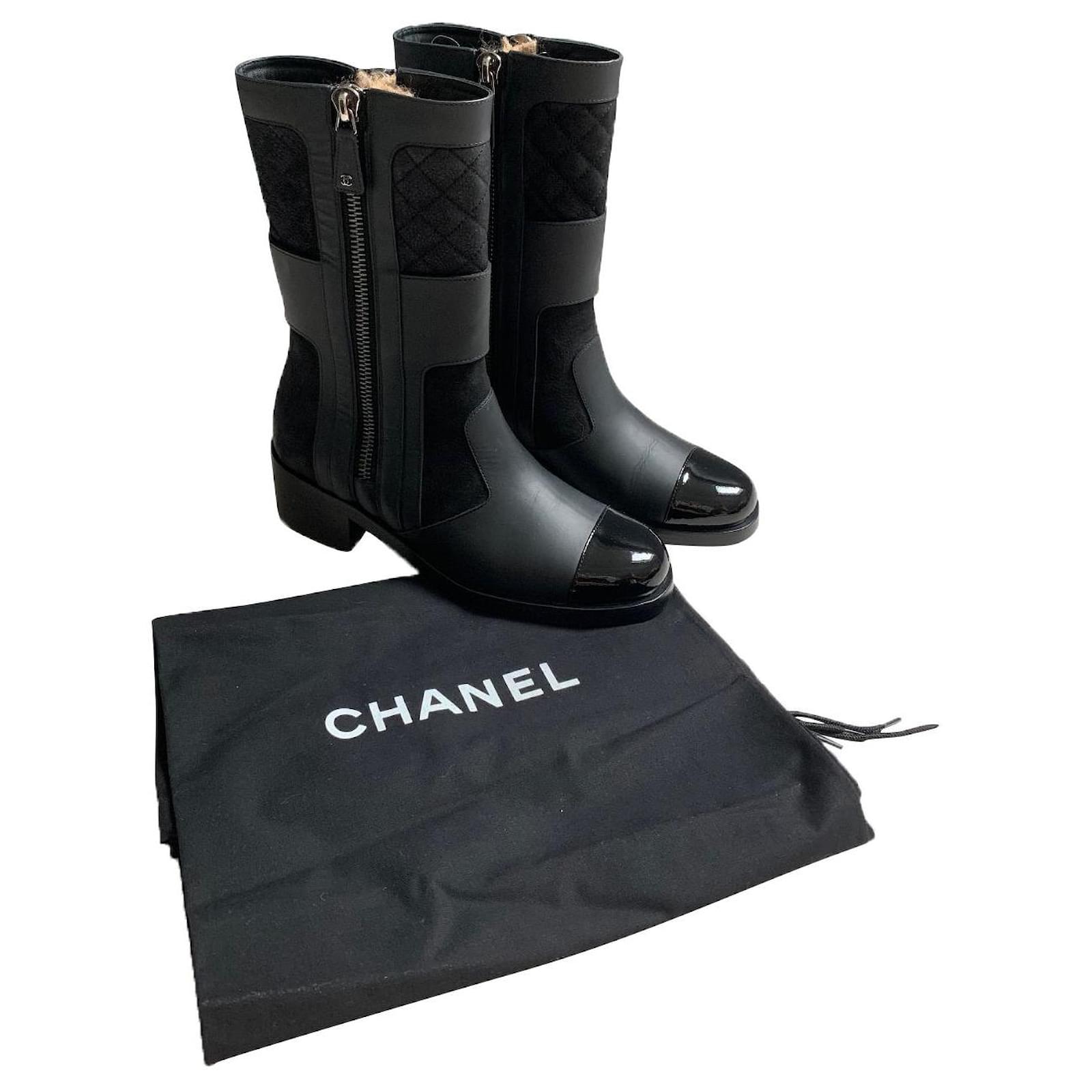 PAIR OF BLACK PATENT AND QUILTED LEATHER BIKER BOOTS, CHANEL