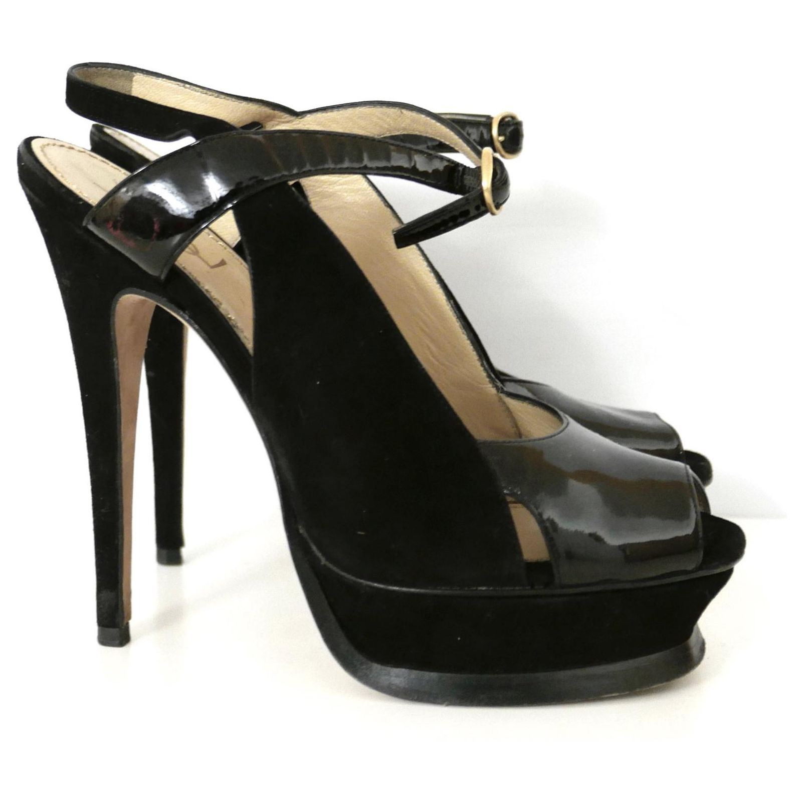 Yves Saint Laurent SS07 Suede Patent Platform Heels Black Ref 384671 Yves Saint Laurent SS07 Suede Patent Platform Heels Black Ref 384671
