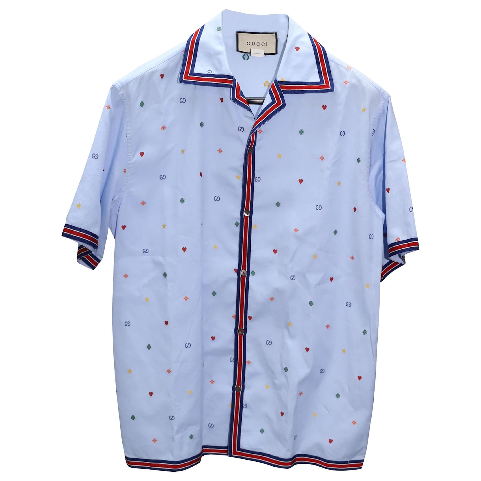 Gucci Fil Coupe Multi Symbol Bowling Shirt Blue Light blue Cotton  ref.384808 - Joli Closet