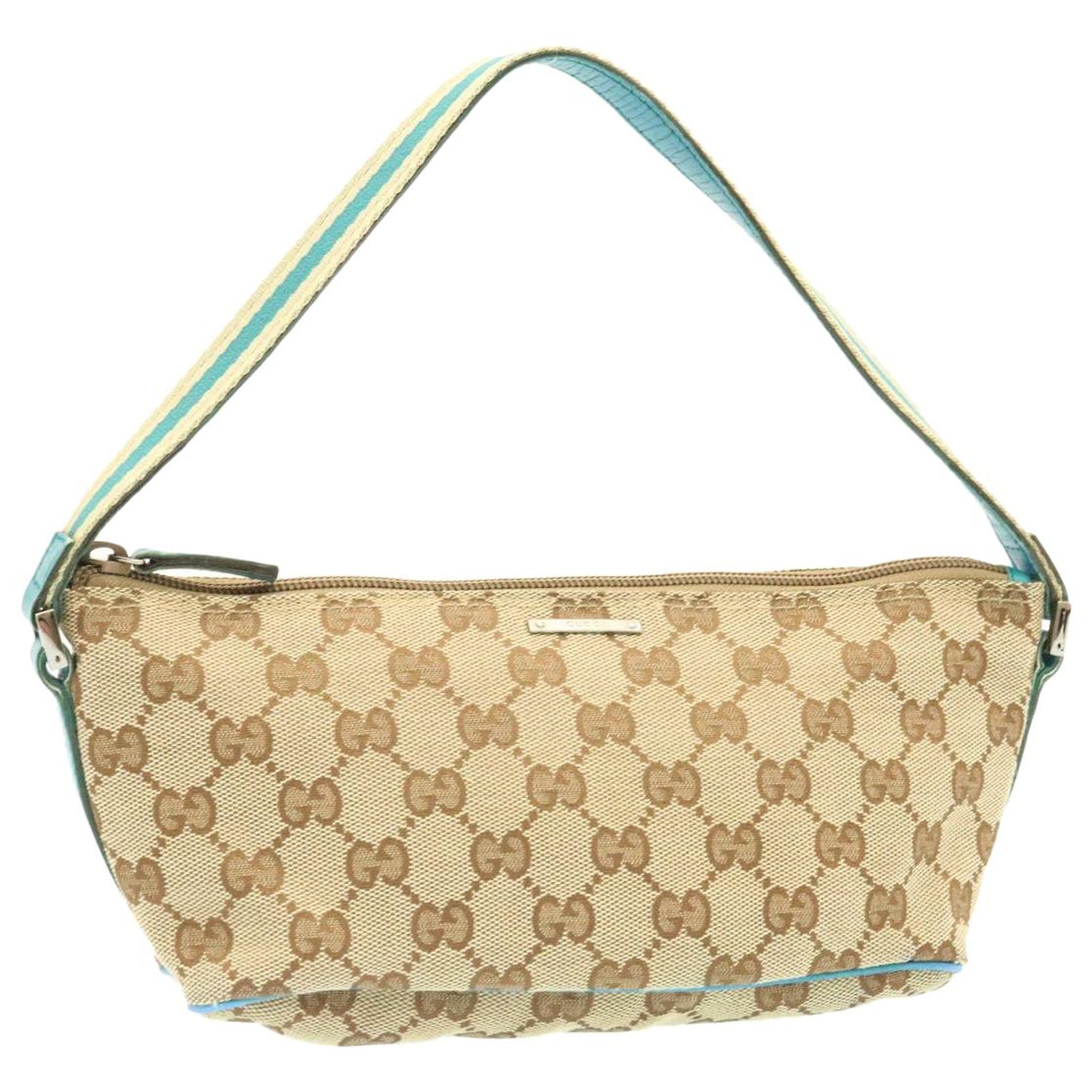 GUCCI Sherry Line GG Canvas Accessory Pouch Light Blue Beige Auth 