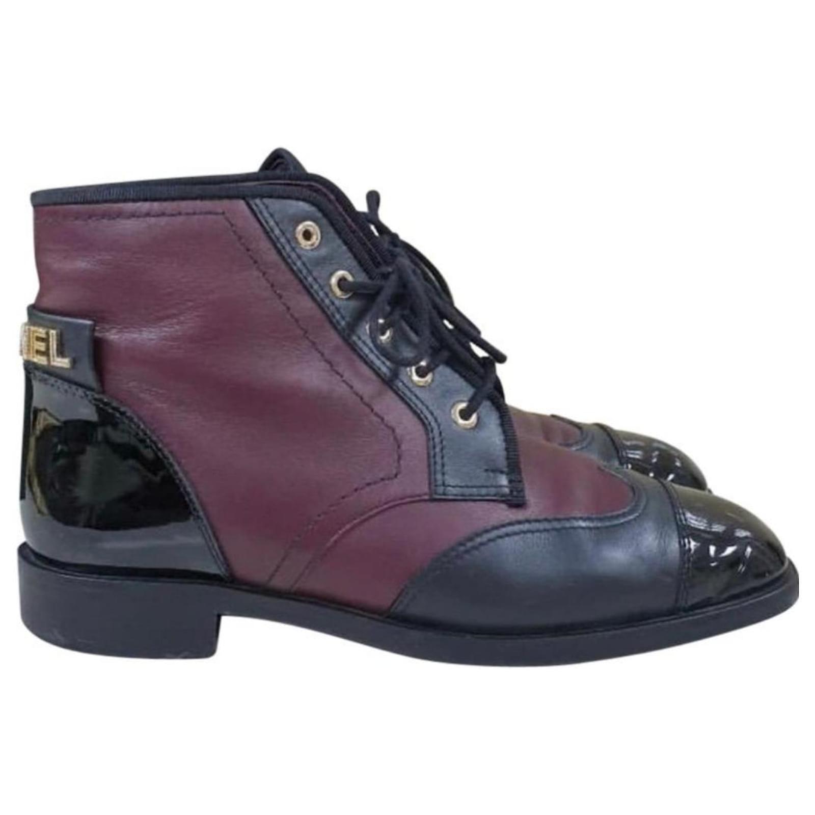 Chanel Black/Burgundy Leather Lace-Up Ankle Boots Multiple colors   - Joli Closet