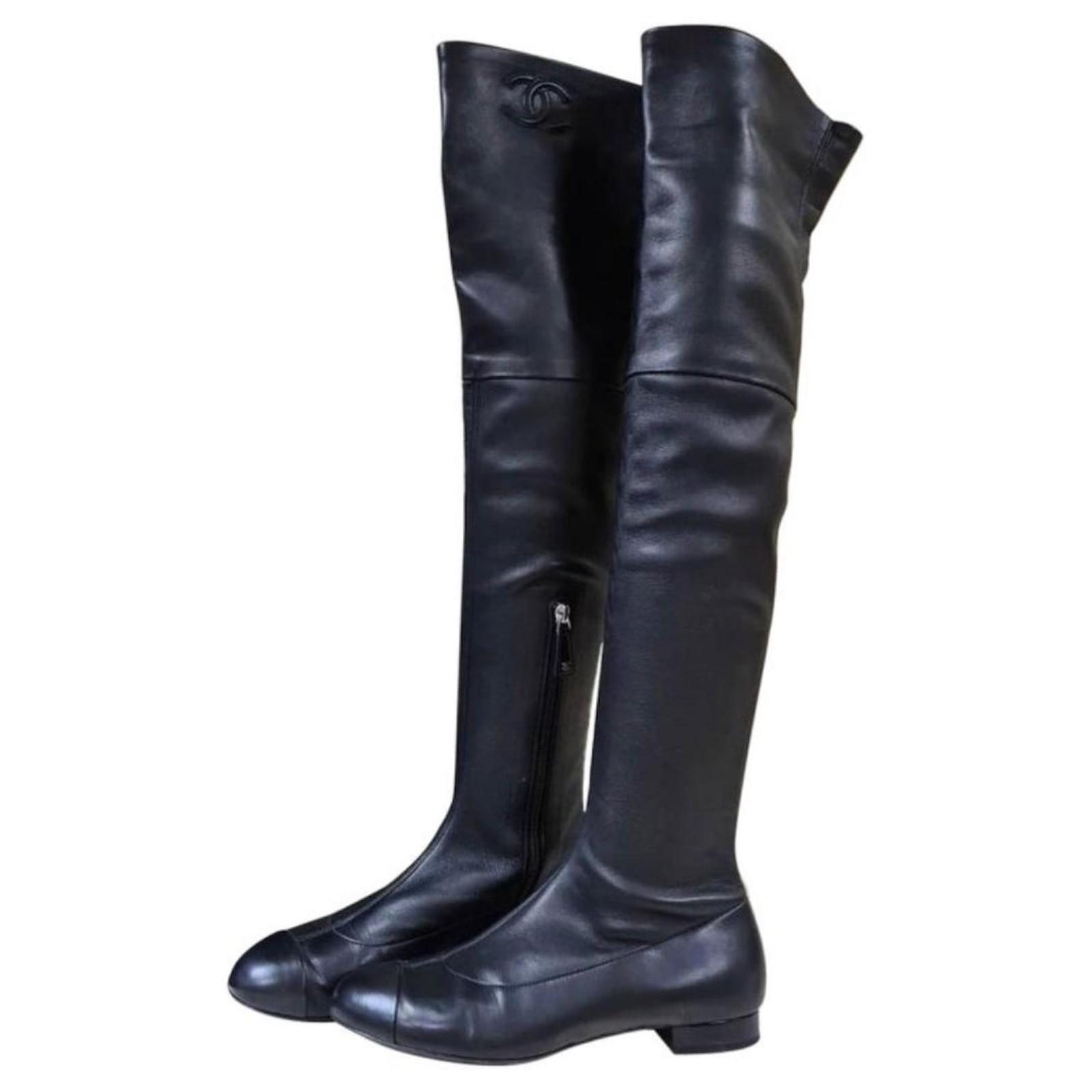 CHANEL Over Knee Round Toe Flat Boots
