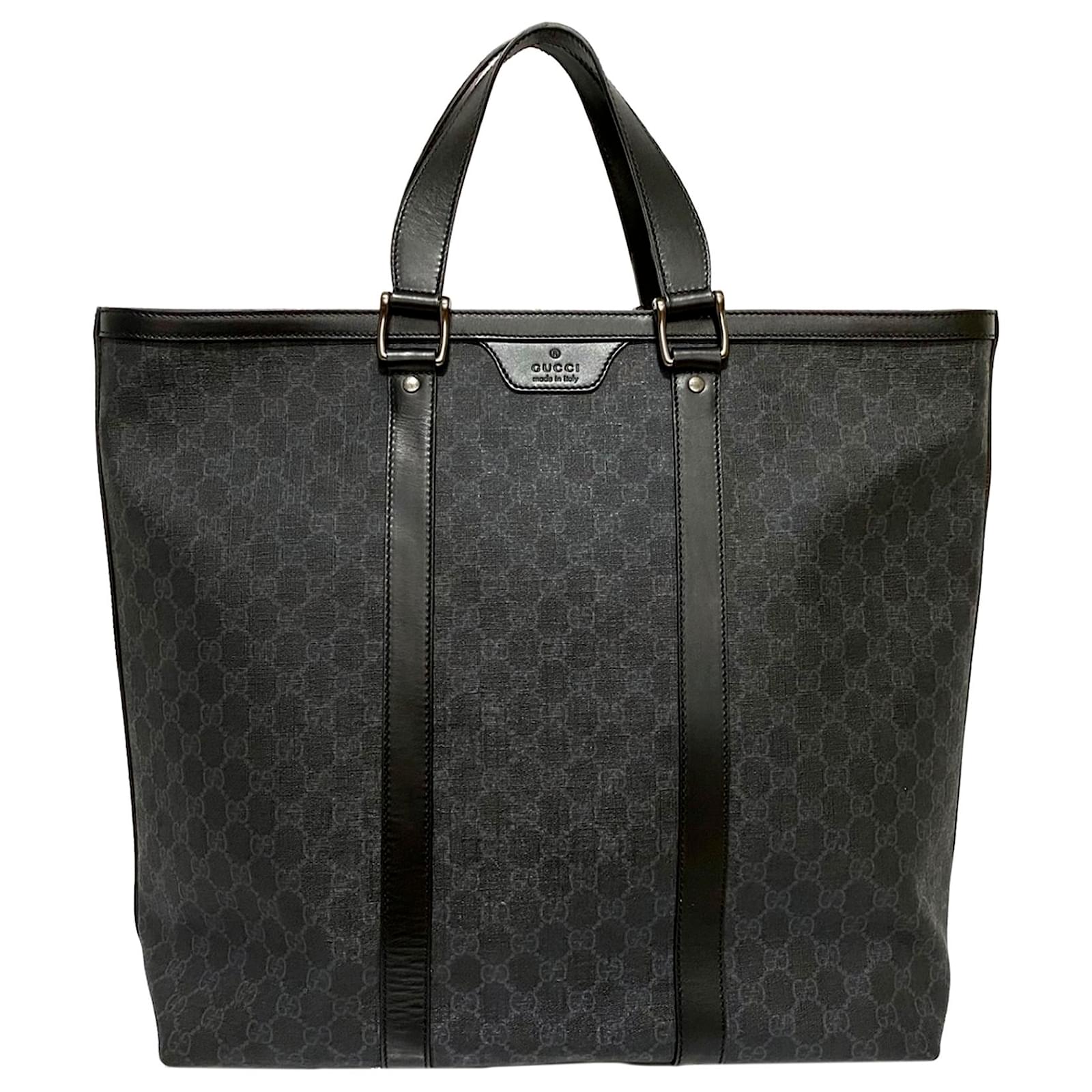 Gucci Black GG Supreme Tote Bag Leather Cloth Pony-style calfskin