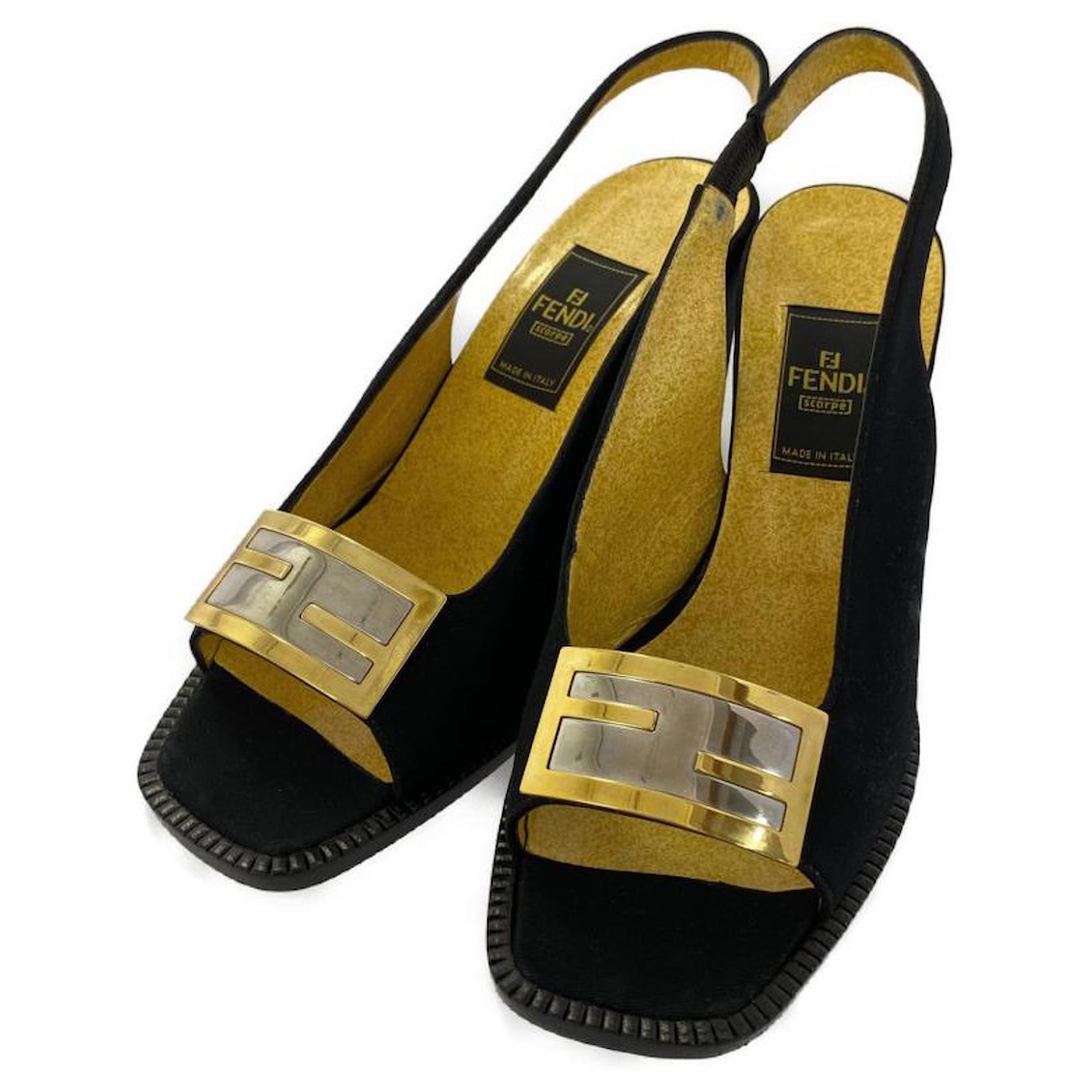 Used] FENDI FF logo sandals slingback open toe pumps shoes / 361/2 / black  / gold metal fittings Golden Cloth ref.391305 - Joli Closet